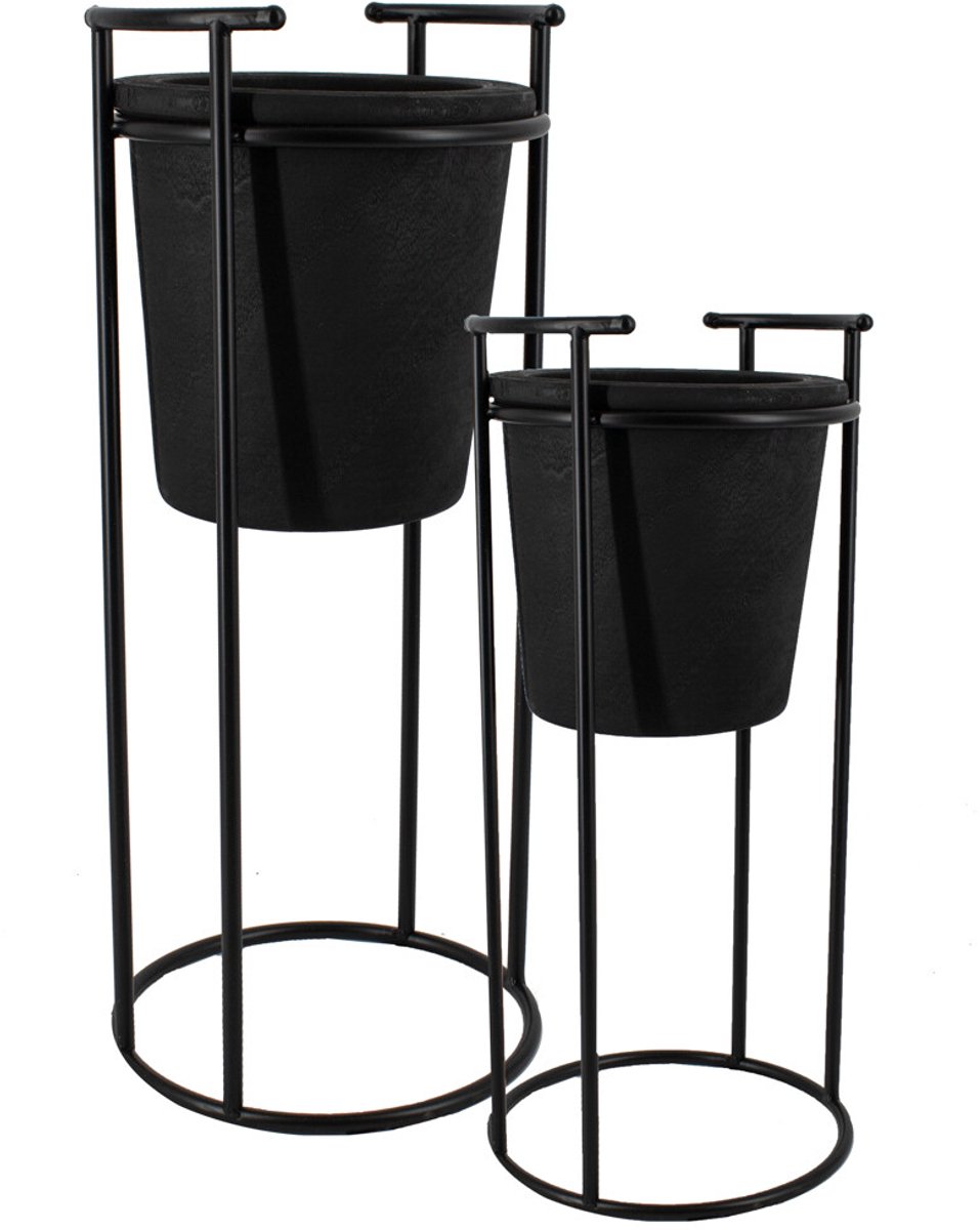 Houten plantenvaas met zwart frame set van 2