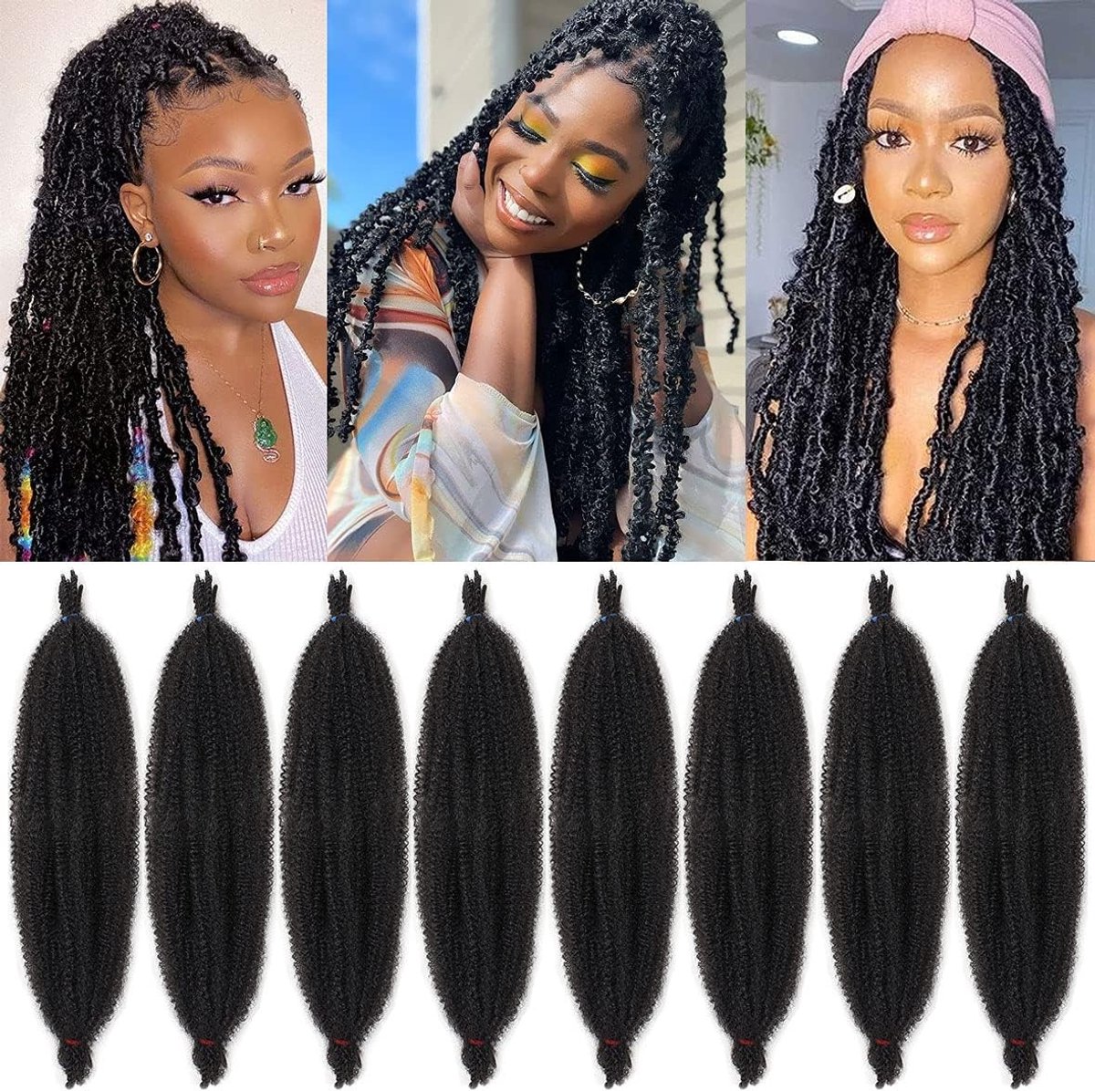 Springy Afro Twist Haar 60 cm - 8 Packs Voorgeprepareerde Spring Twist Haar voor Zachte Locs en Marley Twist Haar Extensions - Synthetisch Haar, Kleur 1B, Perfect voor Natuurlijke Stijl