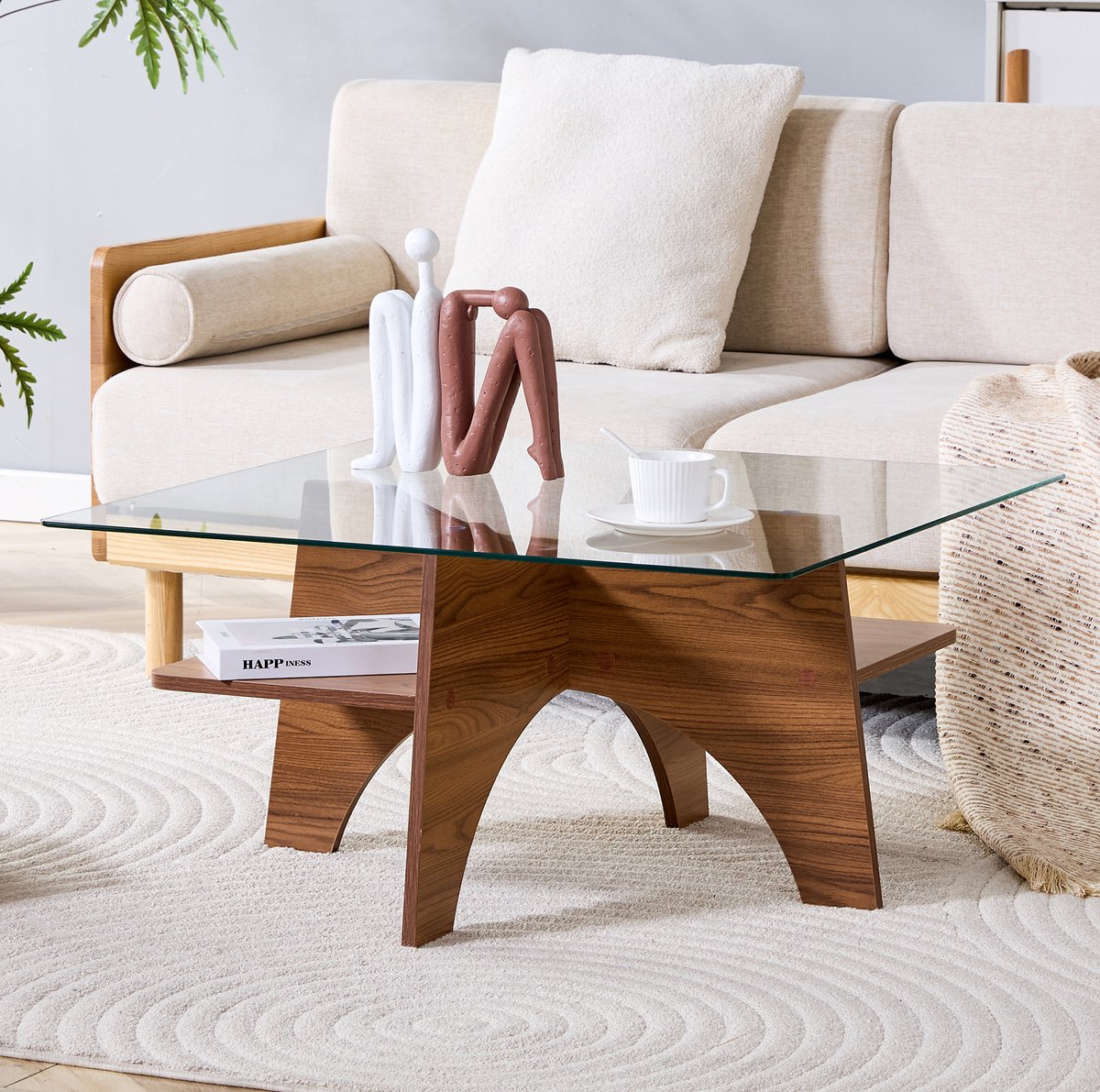 FloraGrace Salontafel - Vierkant Met Veiligheidsglas En Opbergplank - Voor Woonkamer En Slaapkamer - MDF En Glas - 80x80x40 Cm - Walnoot