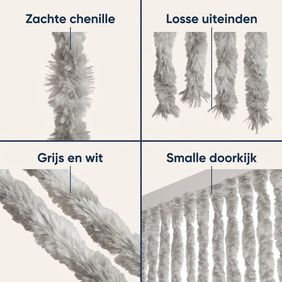 Cheqo® Vliegengordijn 90x230 cm Grijs/Wit - Insectengordijn - Deurgordijn - Kattenstaart - Horgordijn - Hordeur - Pluche Strengen - Chenille - Gemêleerd - Muggengordijn - Vliegenhor - Anti Insecten - voor Deur, Tuindeur, Caravan en Camper — afbeelding 4