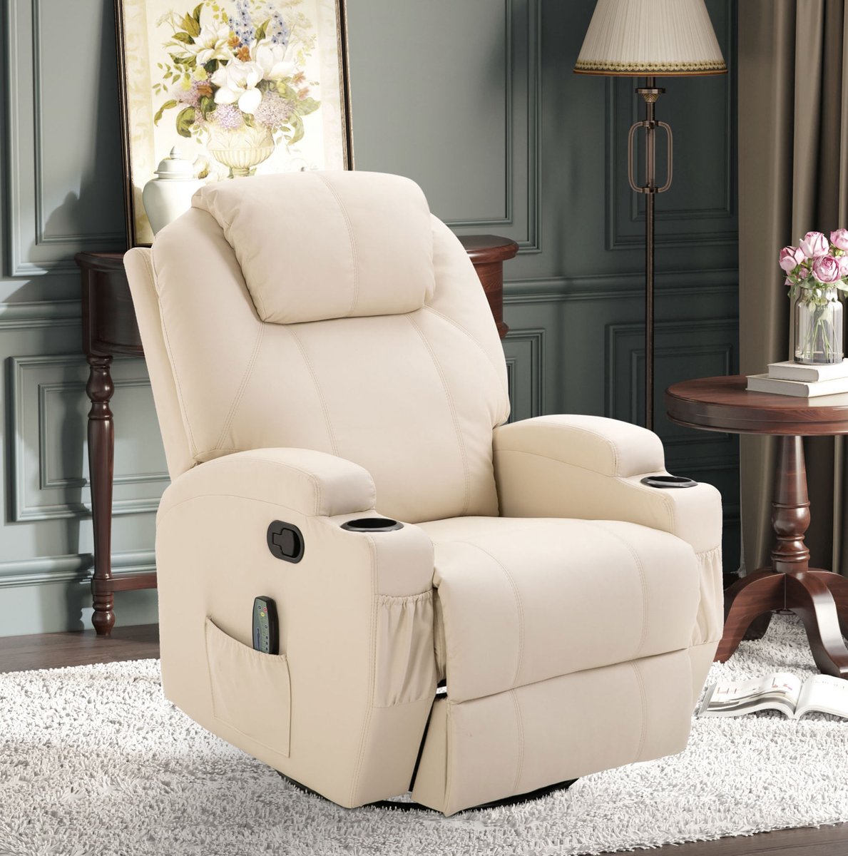 STILVORA Fauteuil 84 x 92 x 109 cm - Elektrische Relax En Massagefunctie Met Ligstand En Voetensteun - Voor Woonkamer - Kunstleer Crèmewit