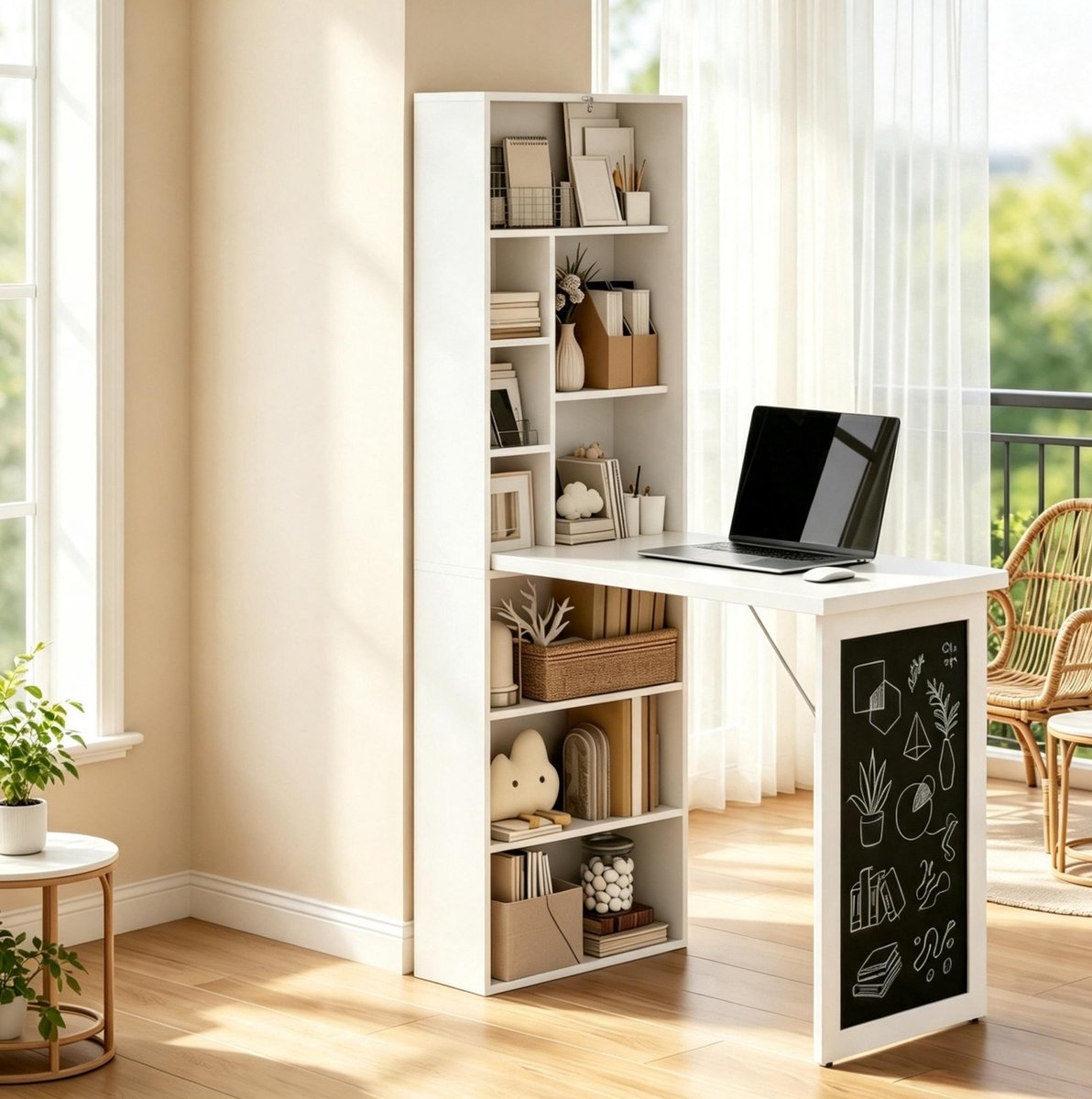 FloraGrace Bureau - Opklapbaar Wandbureau Met Boekenkast En Schrijfvlak - Ruimtebesparend Voor Thuiswerk En Studie - MDF En Hout - Wit - 98x51x153 Cm