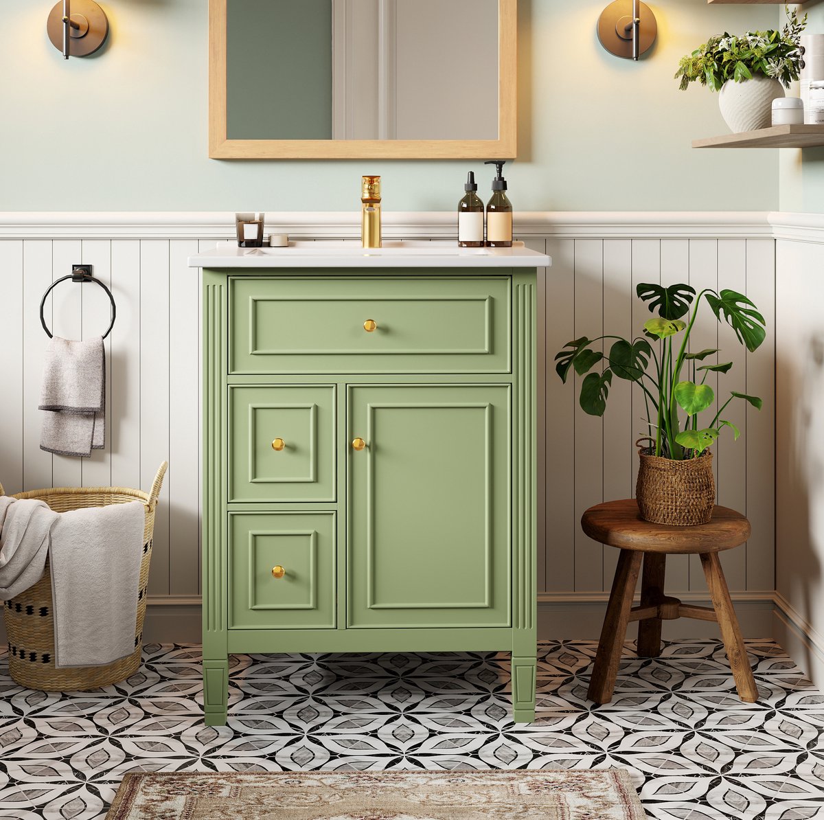 FloraGrace Badkamer Wastafelonderkast - Hoogglans Groen Met Keramische Wastafel En Soft-Close - Landelijke Stijl Voor Badkamer - 61 Cm