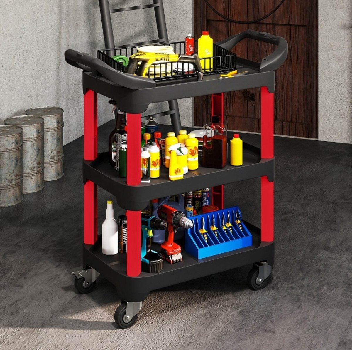 REDOM - Werkstattwagen - Drie niveaus open opbergrekken - Met handgrepen en zwenkwielen - Voor garage, werkplaats en magazijn - Kunststof - Zwart - 81 x 43 x 96 cm