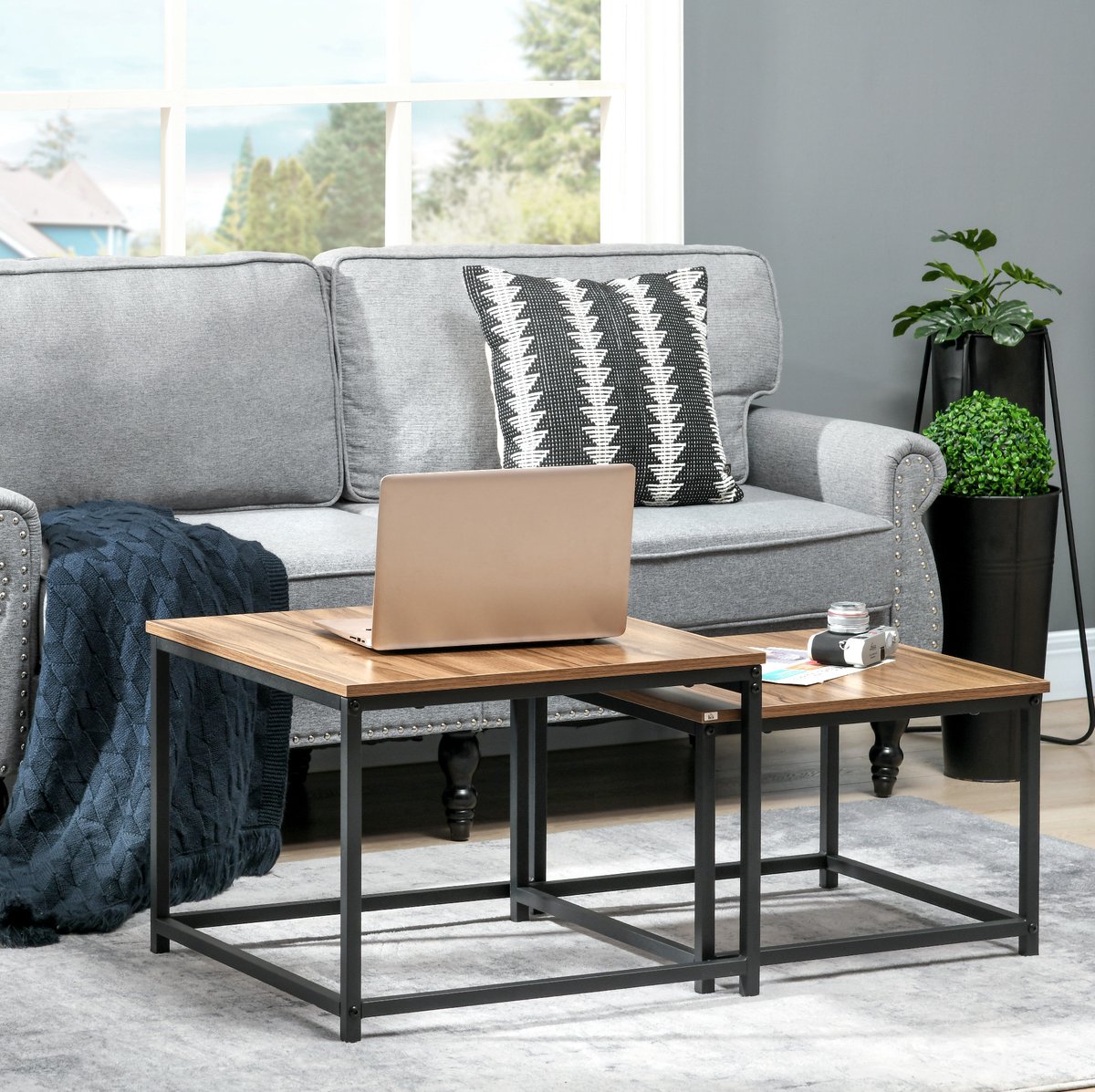 FloraGrace Salontafel Set van 2 Industrieel Design Met Houtlook En Stalen Frame Voor Woonkamer Zwart Natuurlijk Hout 60x60x45 Cm