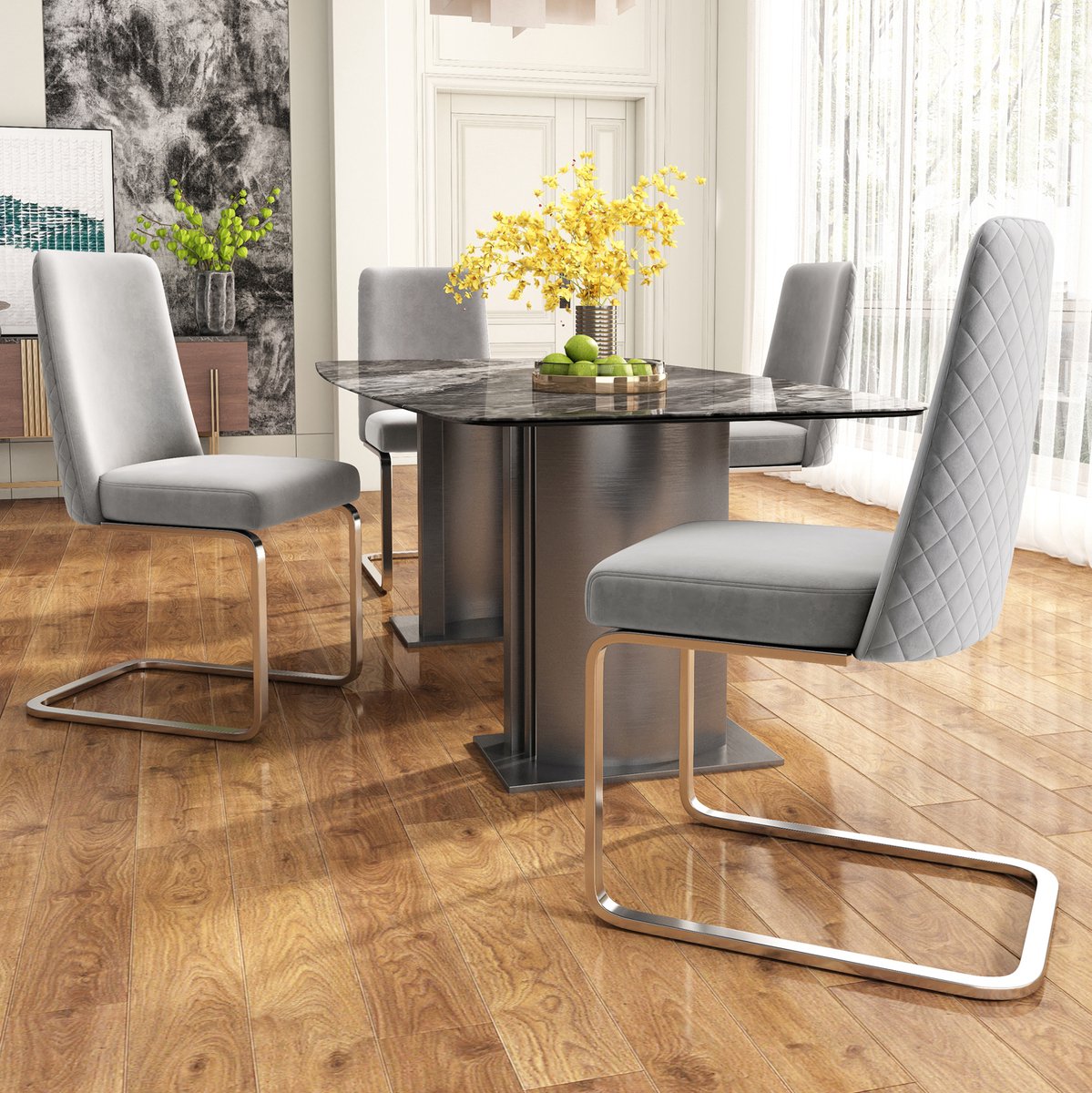 Eetkamerstoel Set Van 4 - Luxe Velvet Met Diamant Rugsteun - Voor Eetkamer En Woonkamer - Metaal - Grijs En Zilver