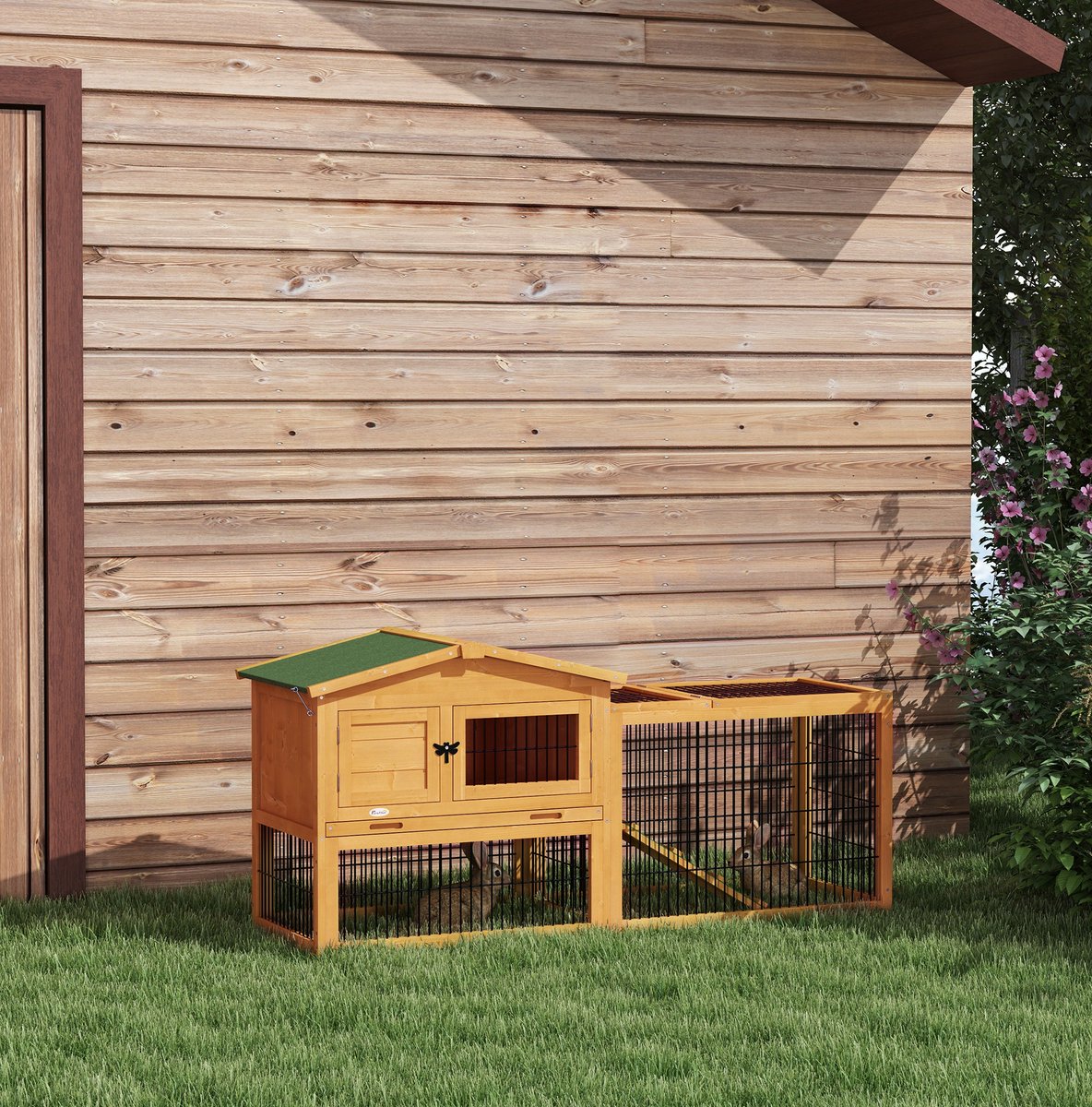 REDOM - Hok - Kaninchenstall met 2 verdiepingen en vrijloopren - Met ramp en uitneembare lade - Buitengebruik - Hout - Geel - 150 x 52 x 68 cm