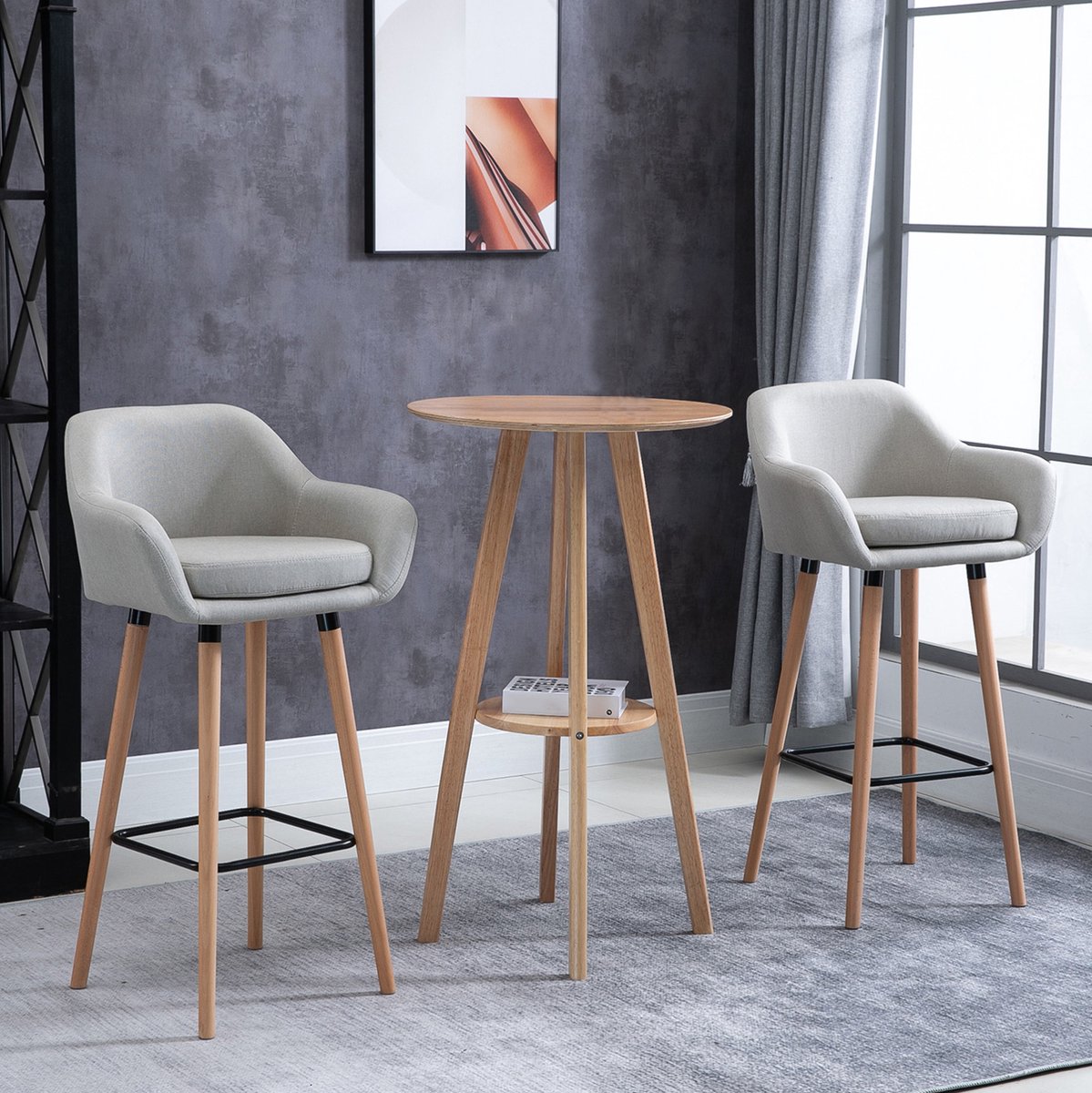 STILVORA Barkruk Set Van 2 Met Rugleuning En Armleuning Gepolsterde Zitting Houten Poten Voor Keuken En Bar Beige