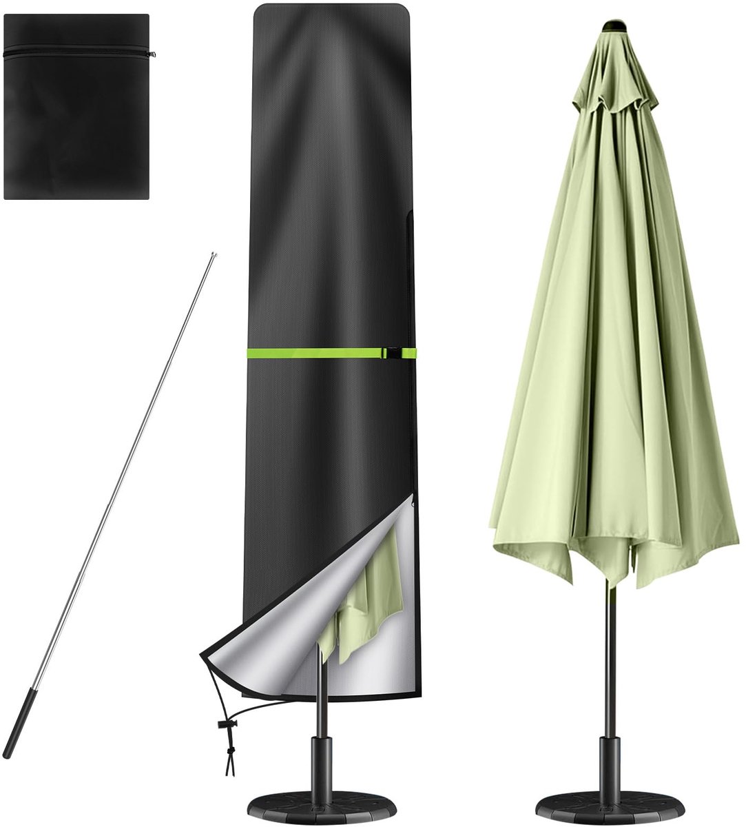 Famanu Tuinparasolhoes van 210D Oxford met telescopische stang en ritssluiting, waterdicht en UV-bestendig, voor parasols van 2 tot 3 m, zwart, 190 x 30/50 cm