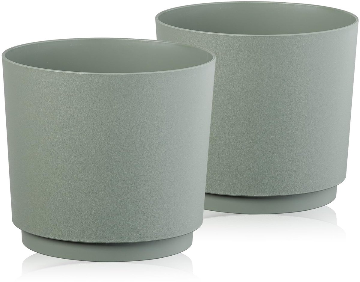 Famanu – Bloempot set van 2, sierpot van kunststof, grijsgroen, diameter 28 cm, ideaal voor het decoreren van je huis