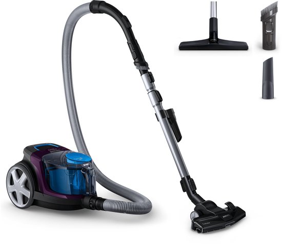 Paarse en zwarte Philips PowerPro Compact stofzuiger met accessoires: vloerzuigmond, kierenzuiger en kleine borstel.