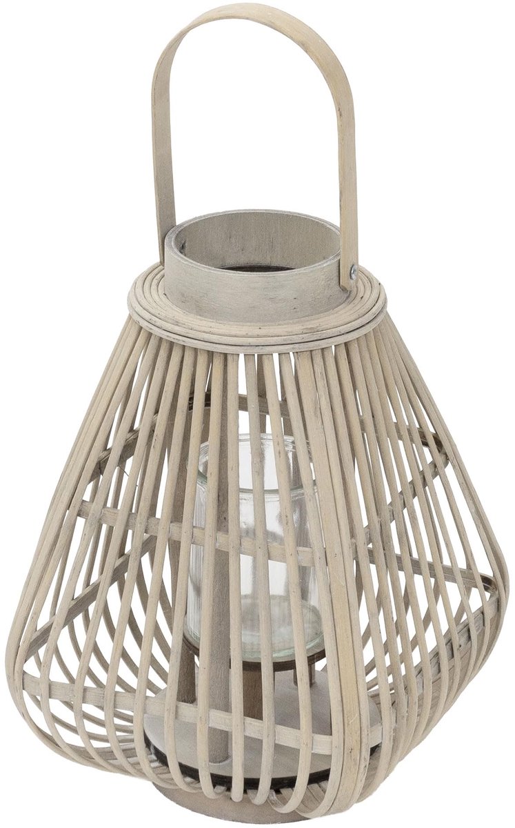 Famanu – Grote bamboe lantaarn van 42,5 cm, houtkleurig windlicht met glas en handvat, boho tuinlantaarn en kaarsenhouder, geschikt voor binnen en buiten, balkon, terras en woonkamer decoratie