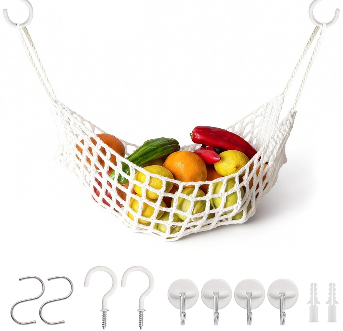 Famanu – Hangende fruitmand met 8 haken, macramé van katoen, boho-stijl, voor het opbergen van groenten en fruit, ruimtebesparend, wit