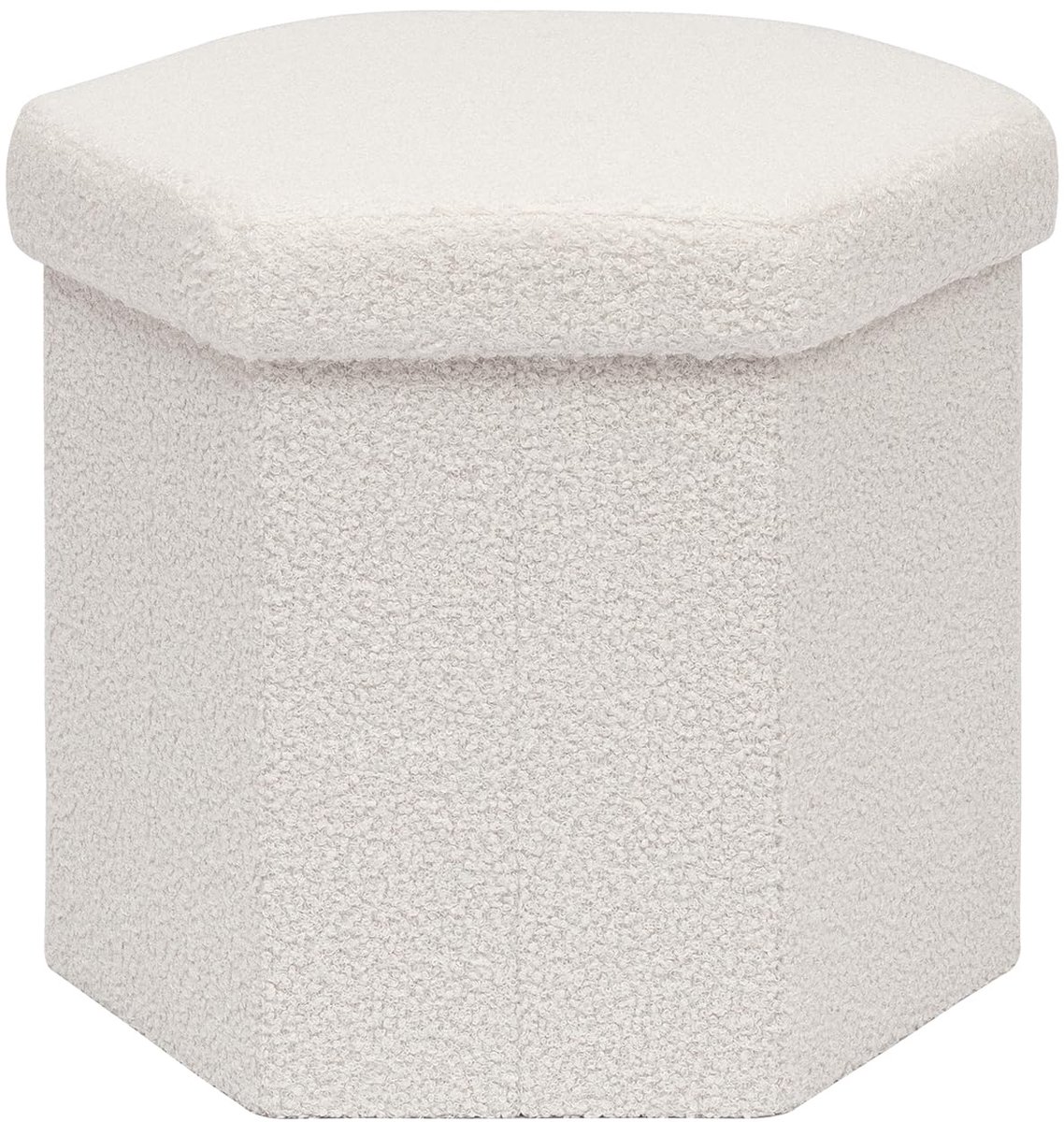 Famanu – Opvouwbare poef met opbergruimte, bouclé kruk met deksel, zeshoekige voetenbank voor woonkamer, 43 x 38 x 38 cm, crème