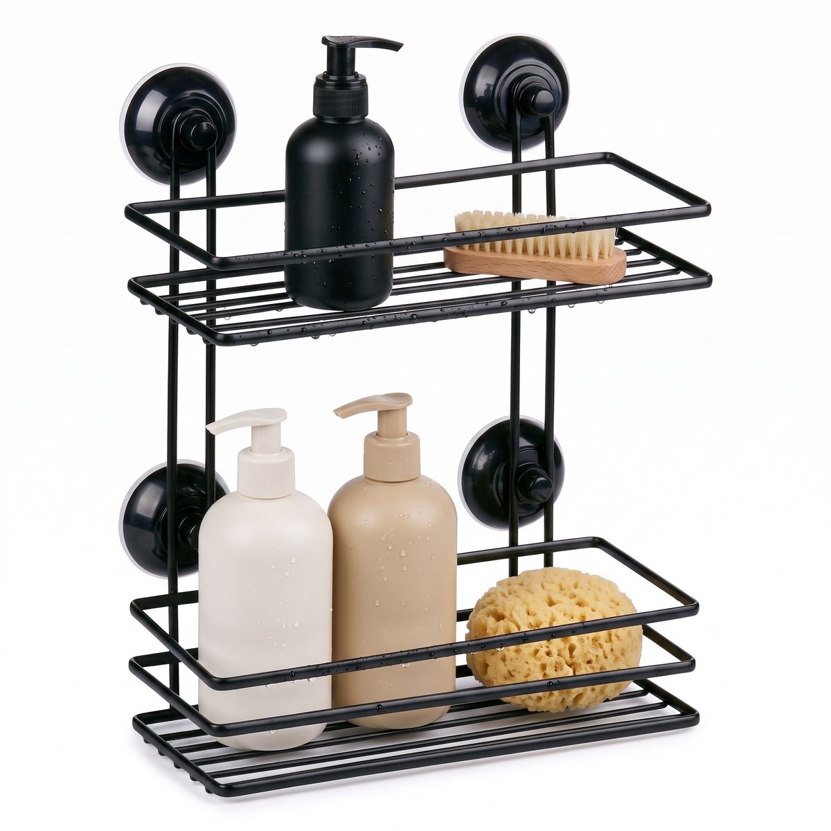 Cheqo® Badkamerrek 2 Laags - Doucherek - Doucherekje - Zonder Boren - met Zuignap - Zelfklevend - Hangend - Opbergrek - Badrek - Douchemandje - Wandrek - Badkamer Organizer - voor Shampoo - voor Douche - Keukenrek - Zwart