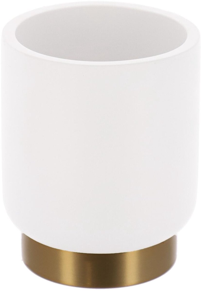 Tendance tandenborstel houder/beker Elba - wit/goud - 350ml - rond - polyresin