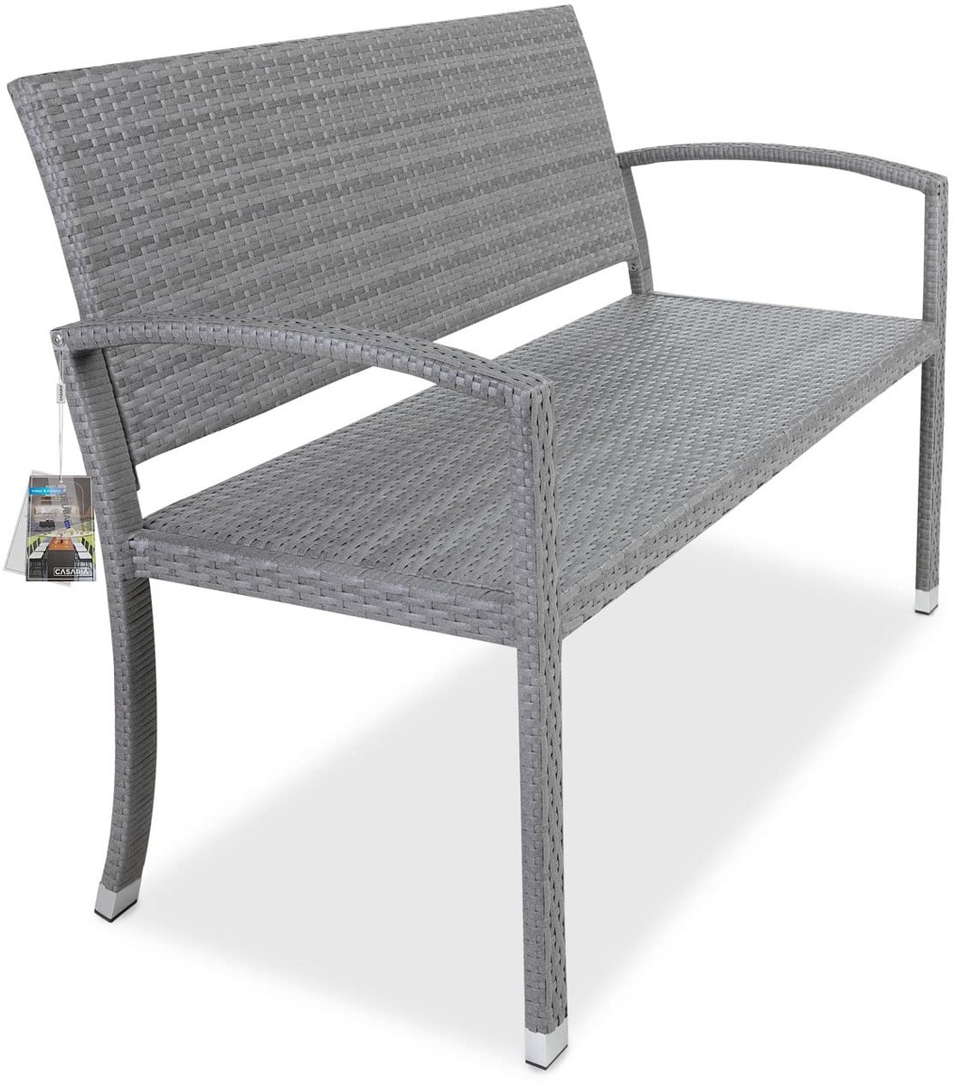 Famanu – Tuinbank van polyrattan, 2-zits, UV-bestendig en weerbestendig, parkbank met een zithoogte van 122 cm, grijs