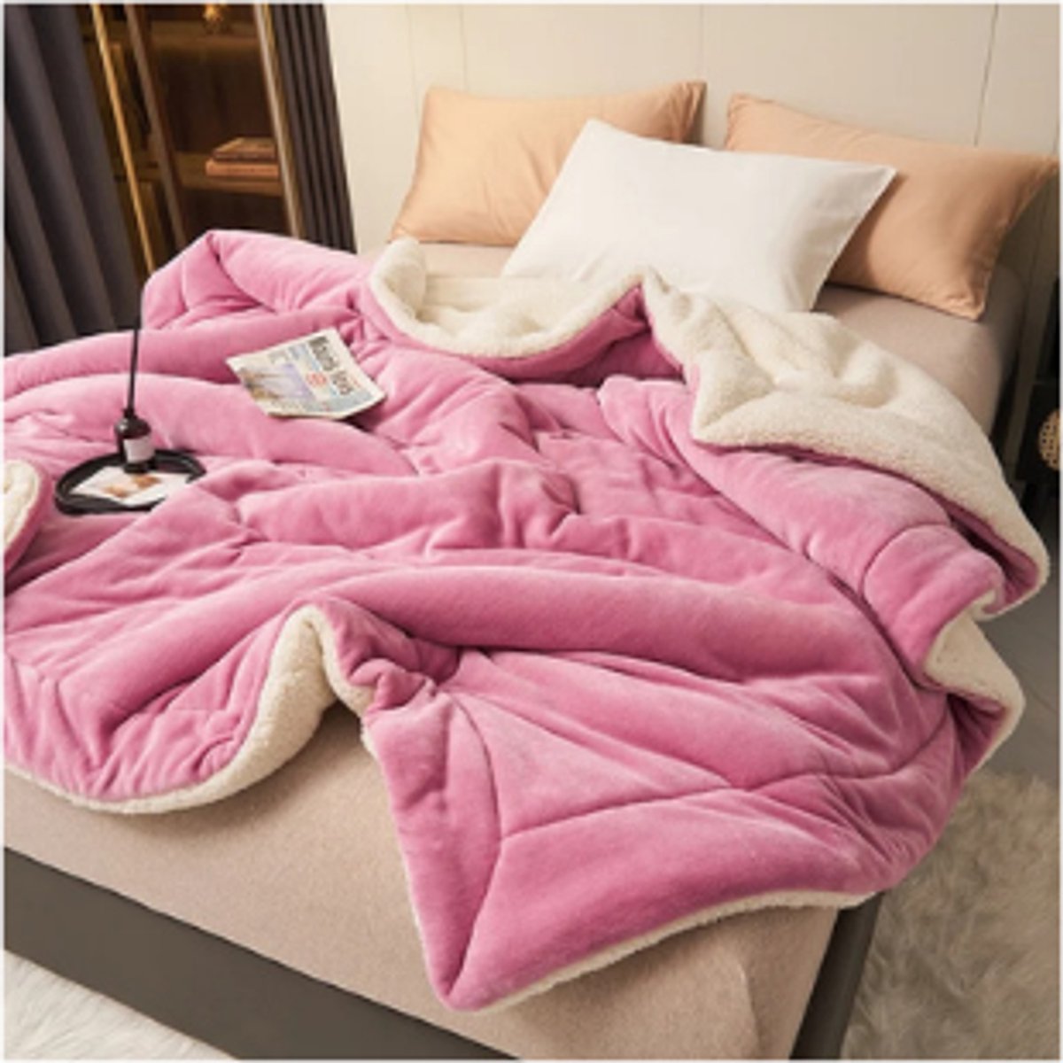 Dekbed- Winterdeken Luxe Dubbelzijdige-Melkfluweel + Lammerfluweel deken- Anti-statische Rand- ROZE 180x200cm