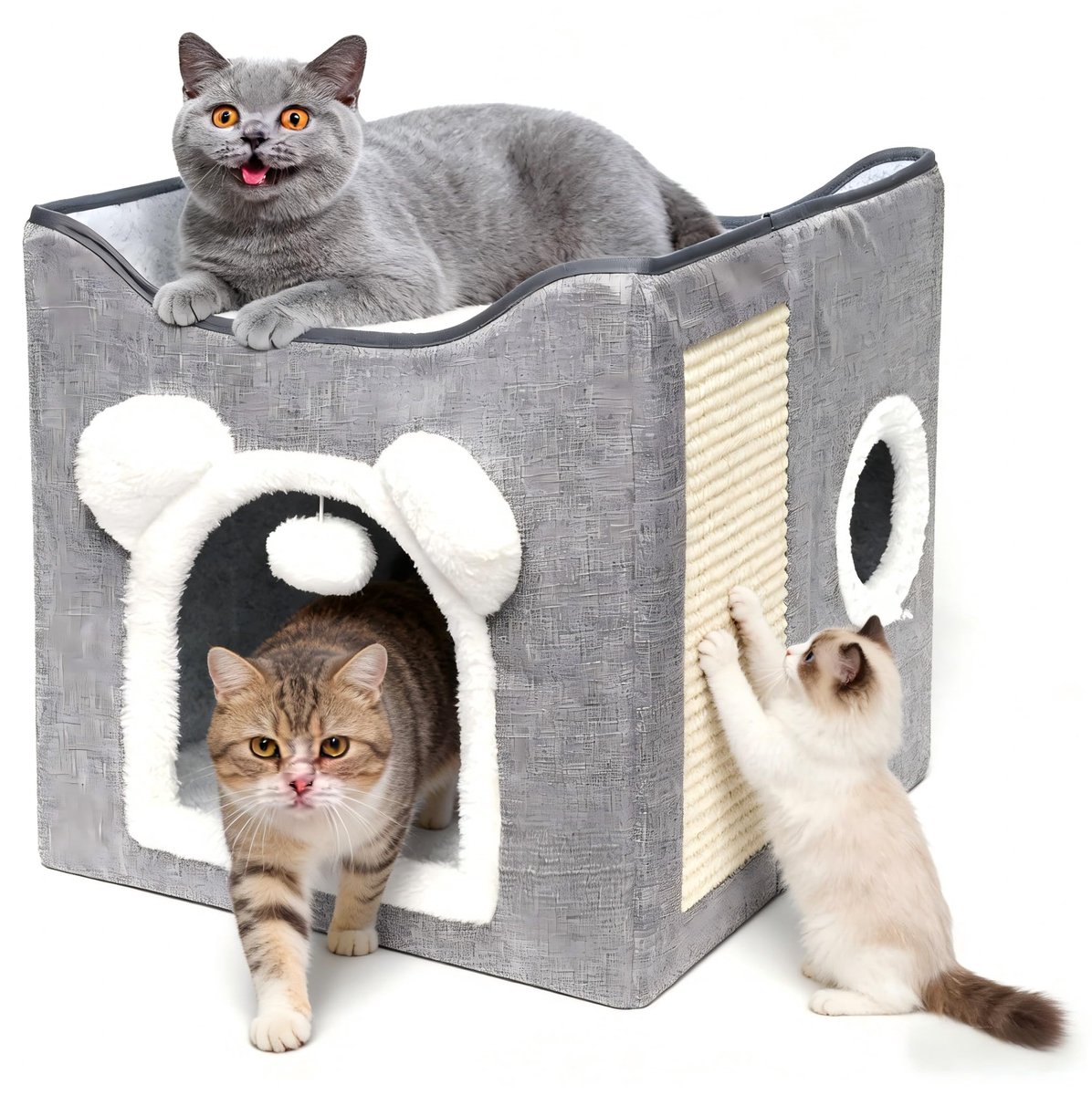 Famanu – Opvouwbaar kattenhuis met 2 afneembare kussens, hangende bal en krabplank, 40 x 40 x 40 cm