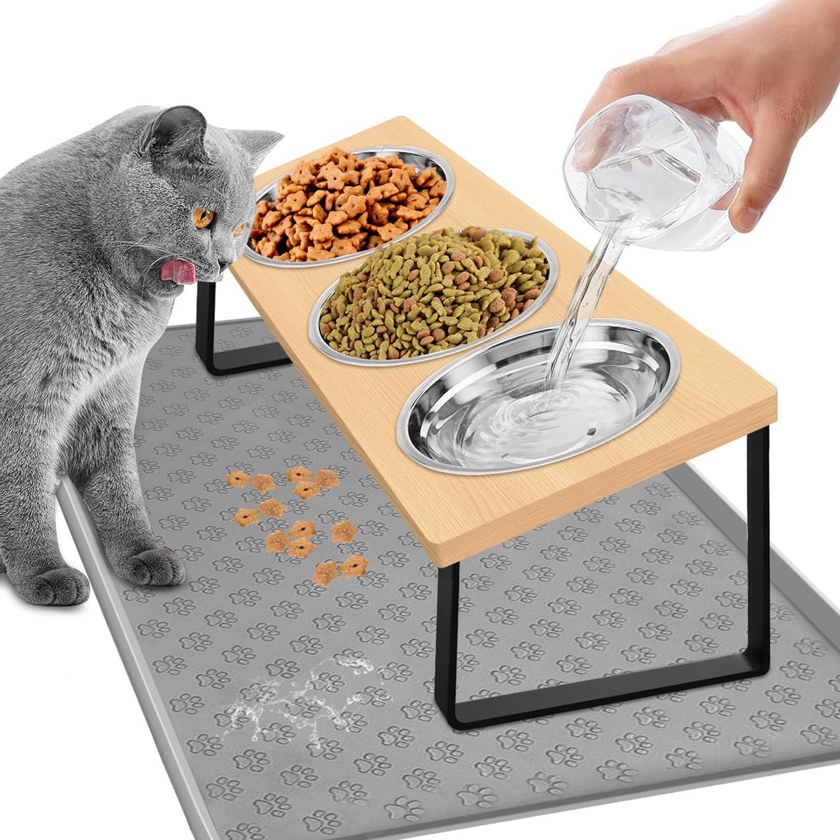 Famanu – 3-in-1 roestvrijstalen kattenbak met standaard, gekanteld ontwerp en afneembare verhoogde kom voor voedsel en water, inclusief kattenvoermat