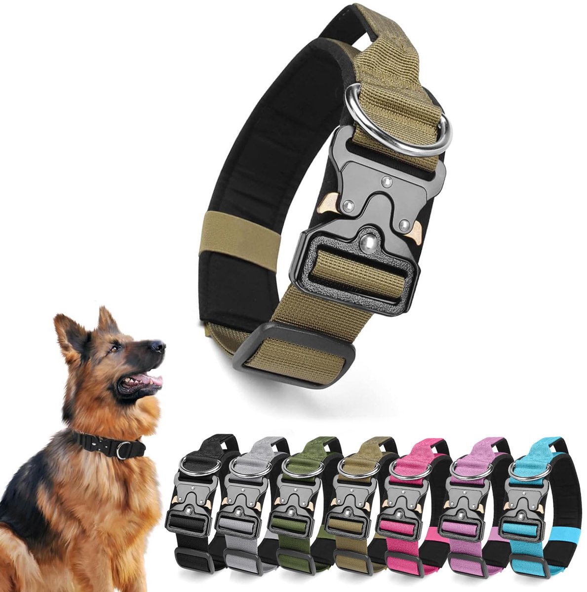 Famanu – Tactische hondenhalsband met handvat, verstelbare hondenhalsband van polypropyleen met metalen gesp, gewatteerd en zacht, middelgroot (kaki, M)