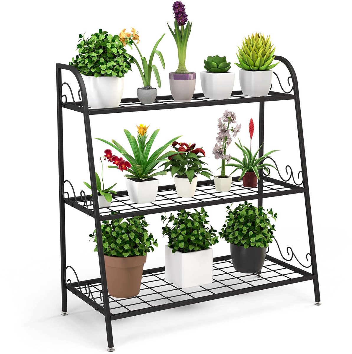 Famanu – Metalen plantenstandaard met 3 niveaus, bloementrap voor buiten, zwart, ideaal voor tuin en balkon