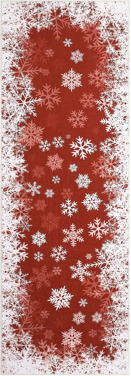 Vloerkleed Kerst Sneeuwvlokken Fluweel Rood 60x180 cm Opvouwbaar Gewassen Achterkant Zwaar Woonkamer