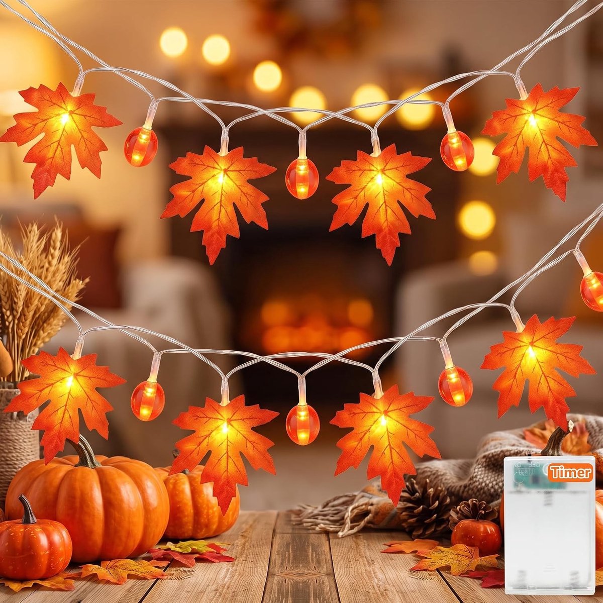 Herfstlichtketting - Oranje - 3 m - Met 20 LEDs en Timerfunctie - Voor Herfstdecoratie