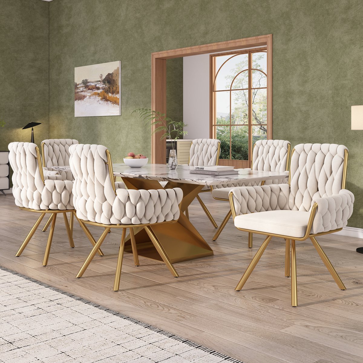 OKWISH Eetkamerstoel Set Van 6 - Draaibare Kuipstoel Met Armleuning En Hoge Rugleuning - Voor Eetkamer En Woonkamer - Fluweel - Beige