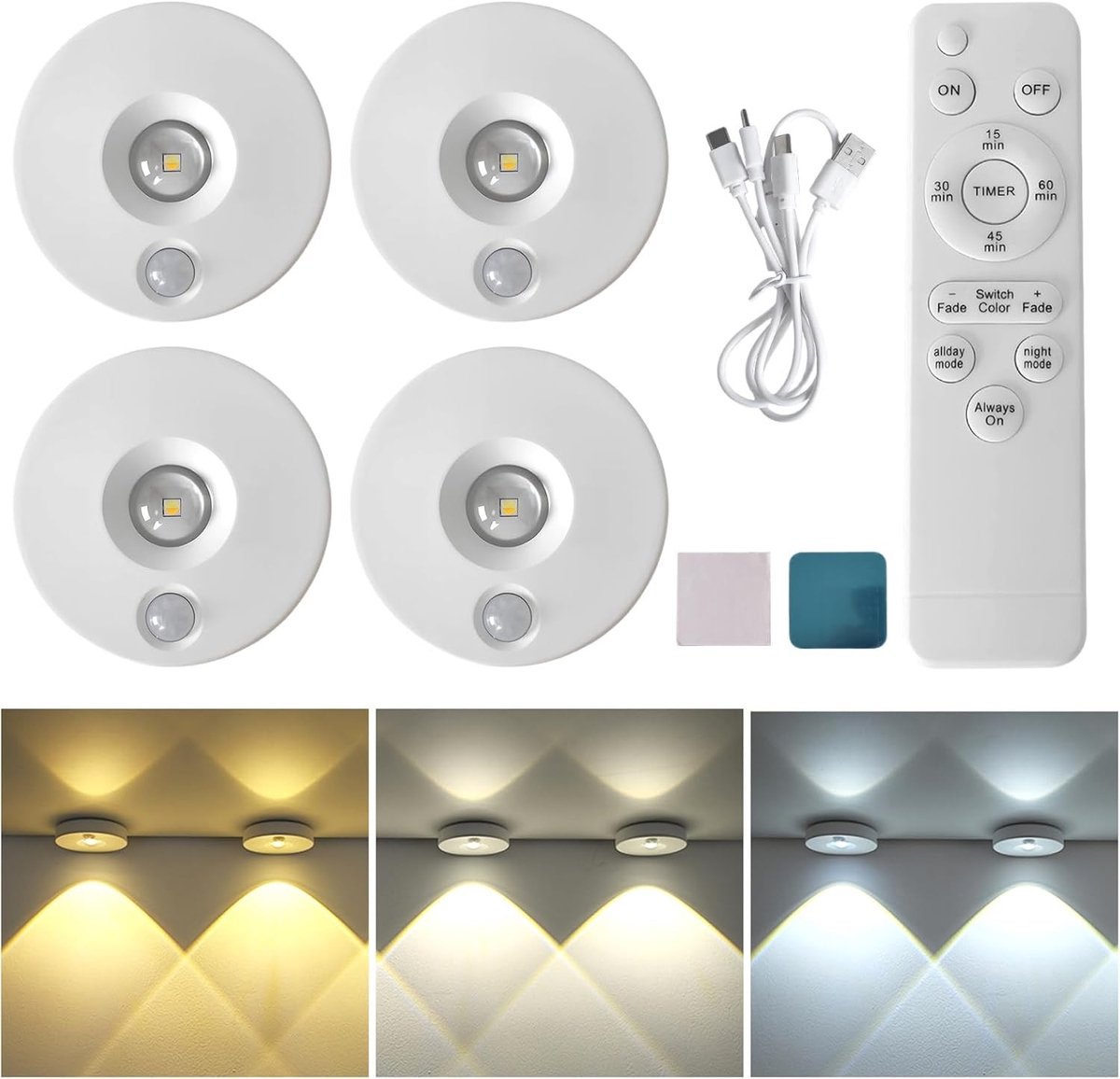 LED Kastverlichting - Wit - 8,2 x 8,1 x 1,4 cm - USB-oplaadbare Magnetische Wandlamp met Afstandsbediening - Voor Keuken, Kast, Slaapkamer