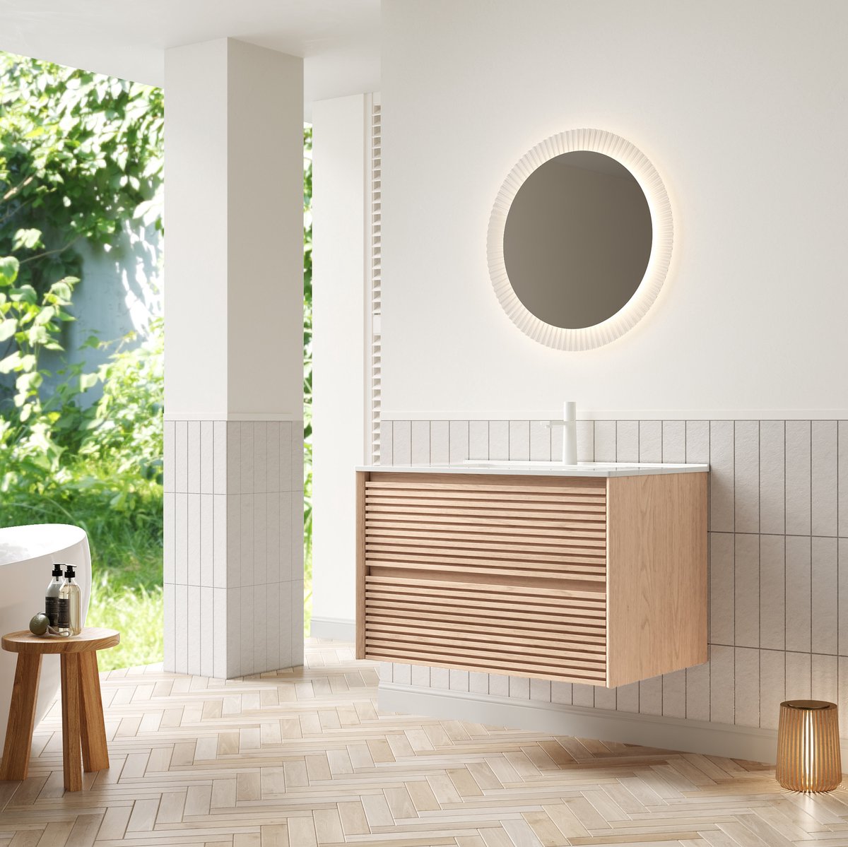 MIVRAY Badkamer Wastafelmeubel 81 Cm Wandmontage Met Keramische Waskom En 2 Zacht Sluitende Lades Voor Badkamer Naturel Wit