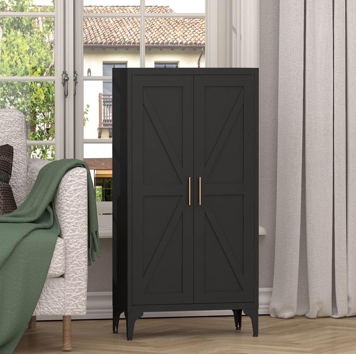 MIVRAY Keukenkast - Verstelbare Opbergkast Met 2 Deuren En 3 Planken - Voor Keuken Woonkamer Slaapkamer En Kantoor - Metaal - Zwart - 60x30x120 Cm
