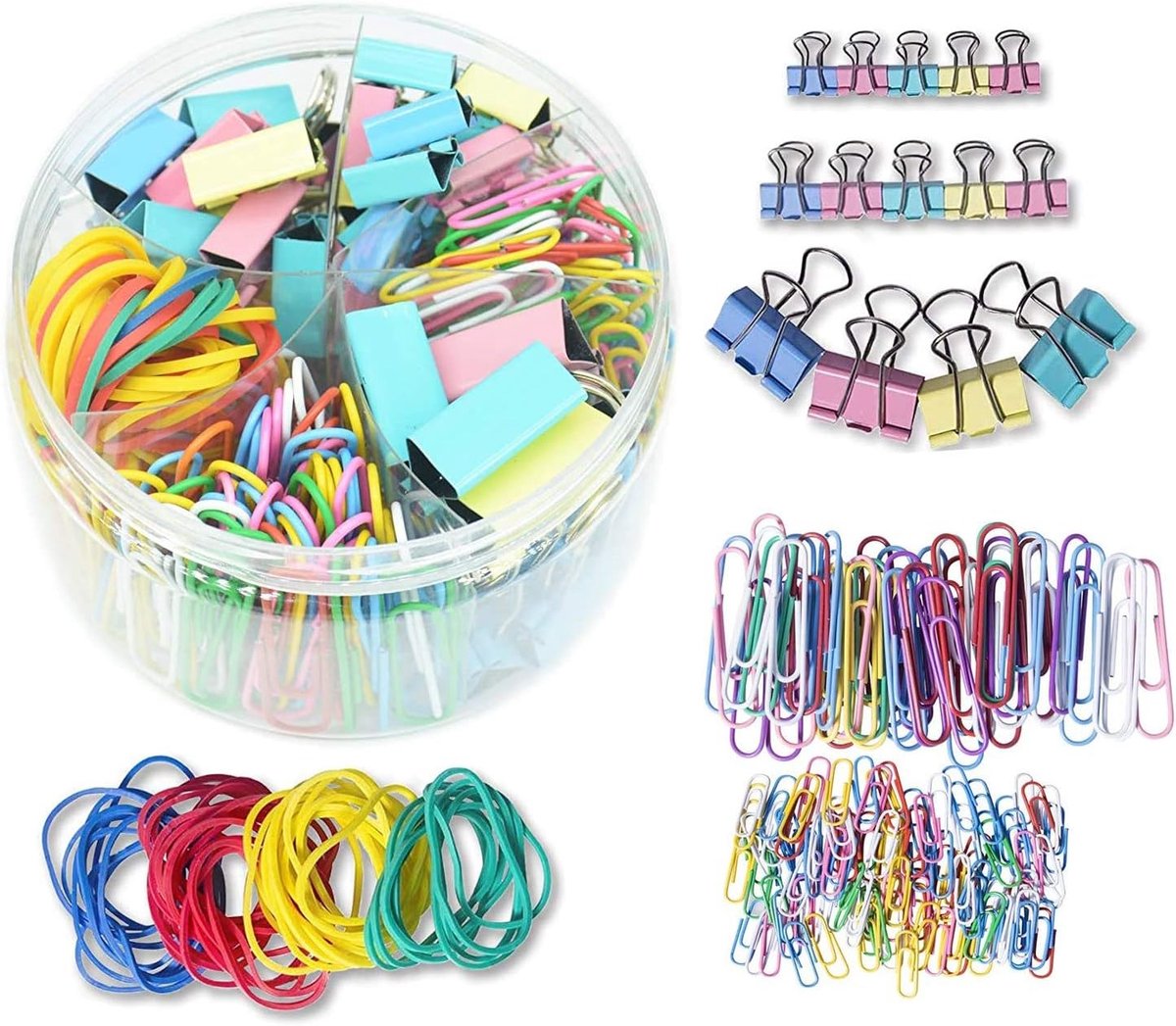 Multicolor Kantoor Clips Set met Binder Clips, Paper Clips en Rubber Bands - 240 Stuks voor Kantoor en School, Inclusief Diverse Maten en Kleuren