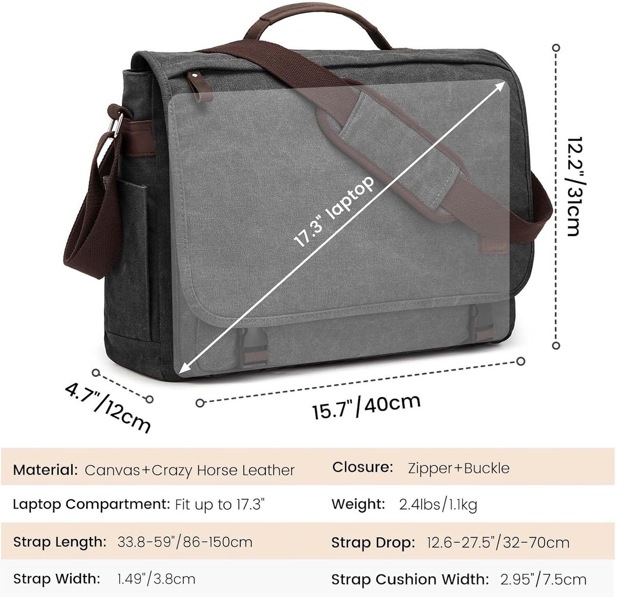 Grote Schoudertas voor Mannen - 17.3 Inch Canvas Laptoptas met Werkvak en Bagagecompartiment