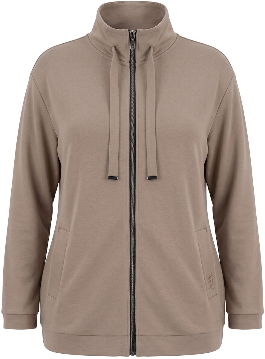 Ulla Popken - Dames - Sweatvest siersteentjes opstaande kraag lange mouw - Bleekbruin - Maat 50+