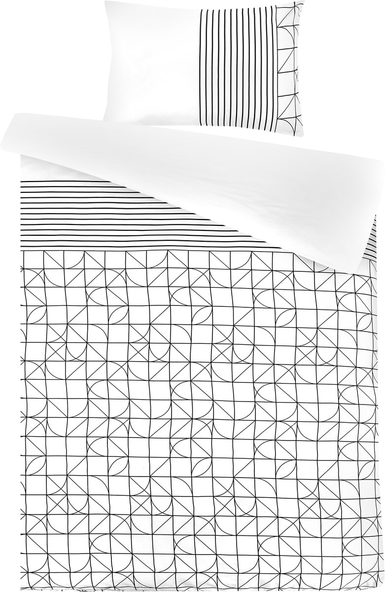 Padiro dekbedovertrek 220 x 240 cm - wit / zwart - dubbelzijdig met geometrisch deisgn - katoensatijn - geometrisch patroon - met 2 kussenslopen 65 x 65 cm