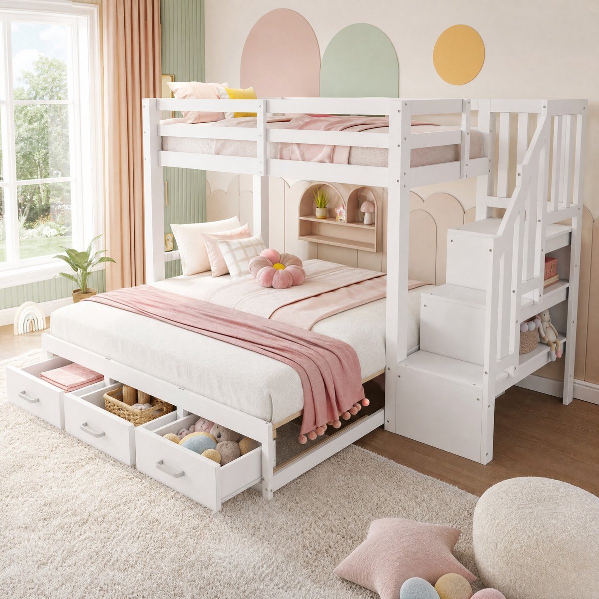 Wishdor Stapelbed 90x200 cm - Uitschuifbed met 3 lades - Opbergladder en lattenbodem - Kinderbed voor logees en opbergen - Hout en MDF - Wit - 251 x 187 x 160 cm