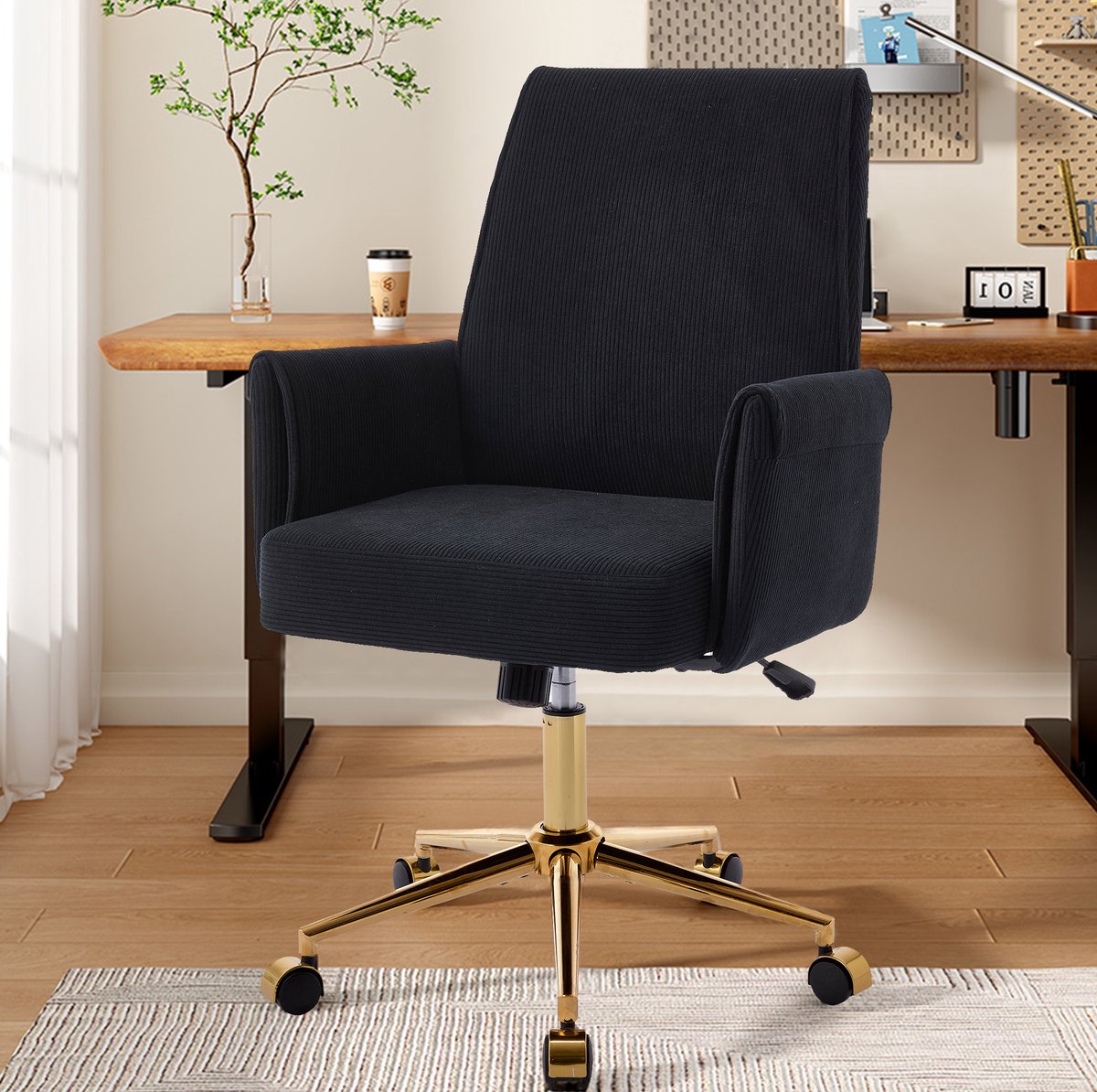 Wishdor Bureaustoel - Hoogteverstelbaar draaibaar - Met armleuningen en wielen - Ergonomische middenhoge rugleuning - Ribstof zwart - Voor werk en studie - 64 x 61 x 107 cm