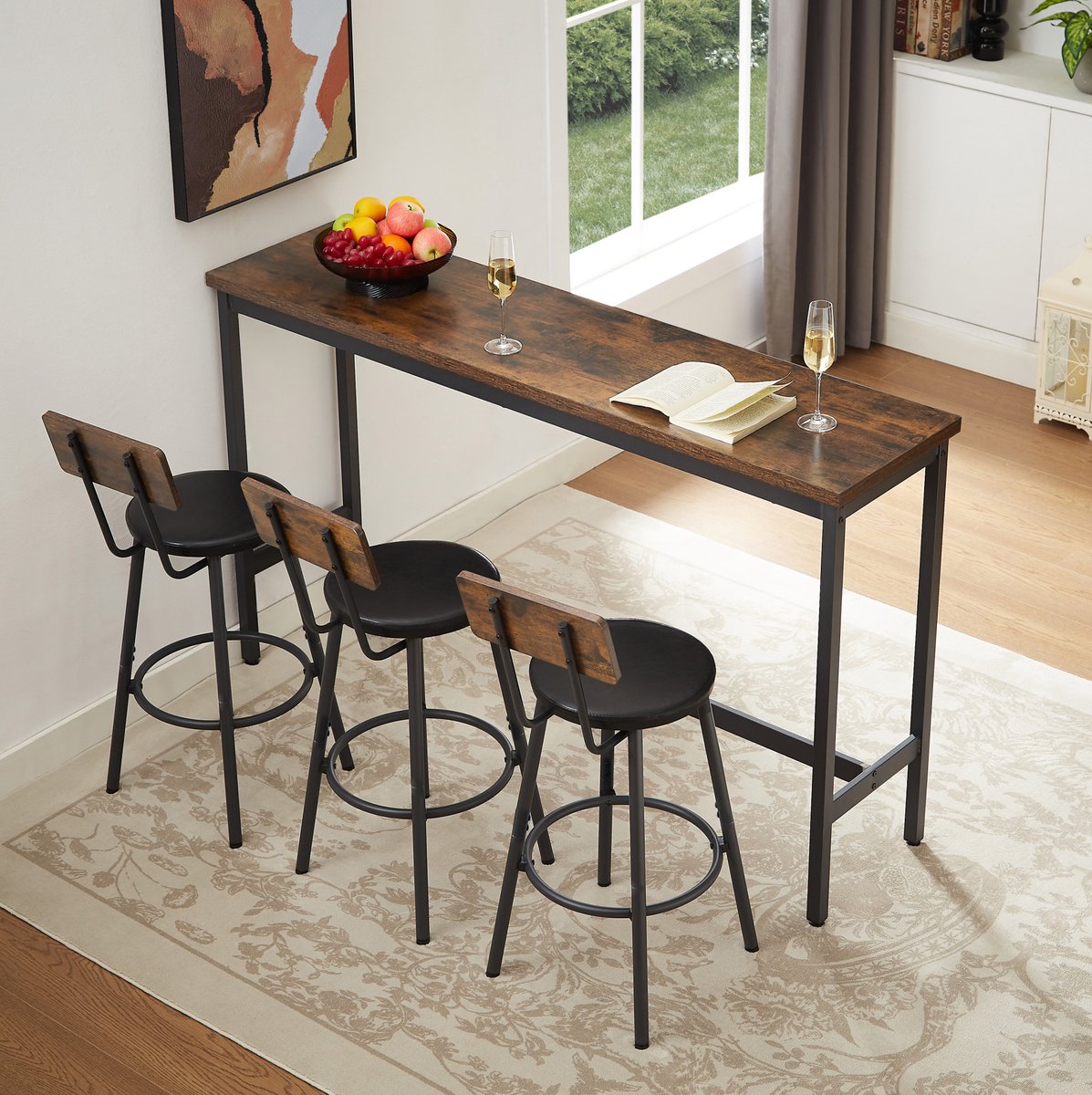 Wishdor Bartisch-set met 3 barhockers - Industrieel design - Hout en metaal - Rustiek bruin en zwart - Keuken woonkamer eetkamer - Verstelbare voetjes - 160 x 40 x 95,5 cm