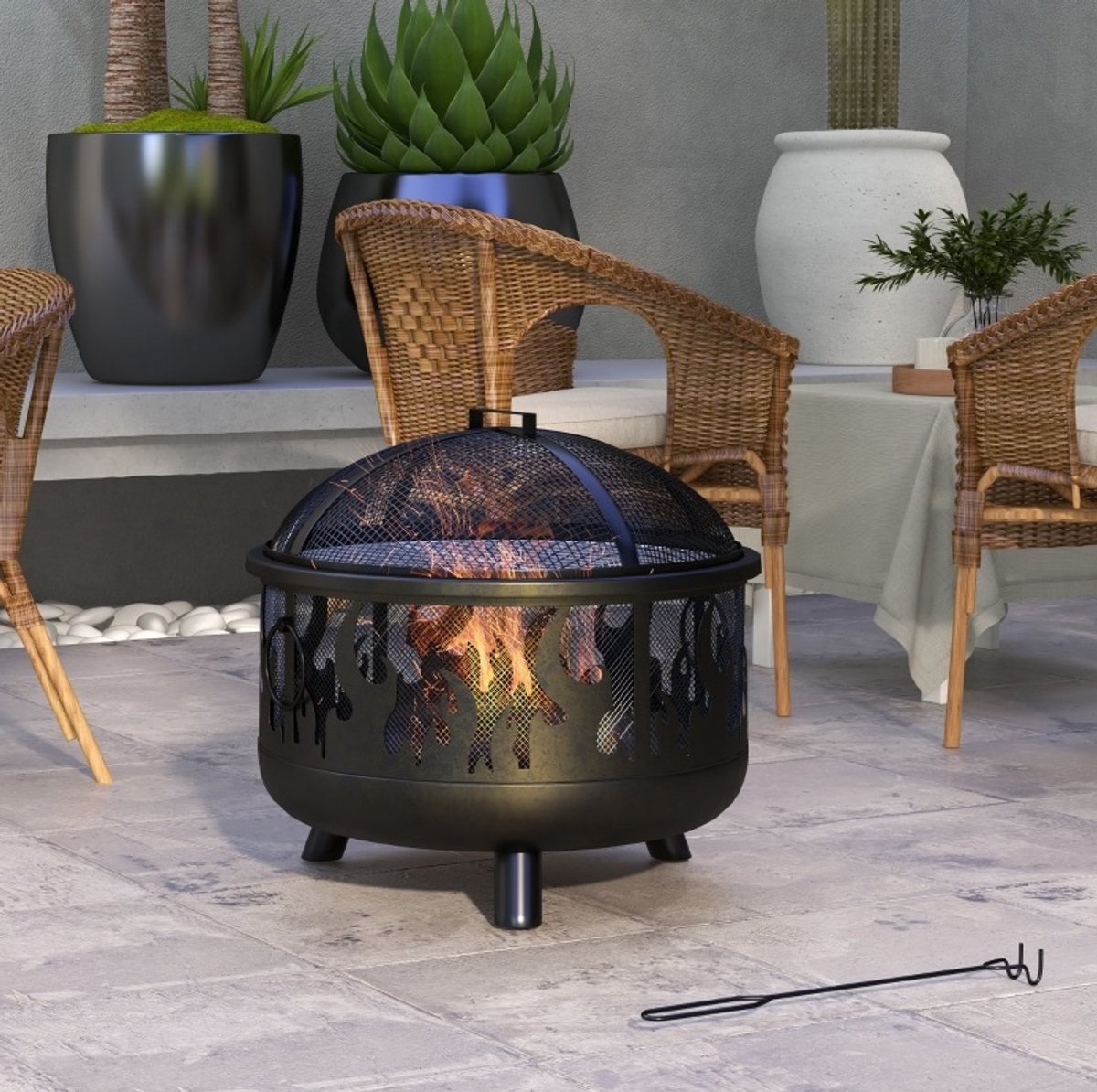 REDOM - Vuurschaal - 2-in-1 voor buiten - Afneembaar grillrooster - Vonkenbescherming en pook - Buiten - Metaal - Zwart - Ø61 x 55 cm