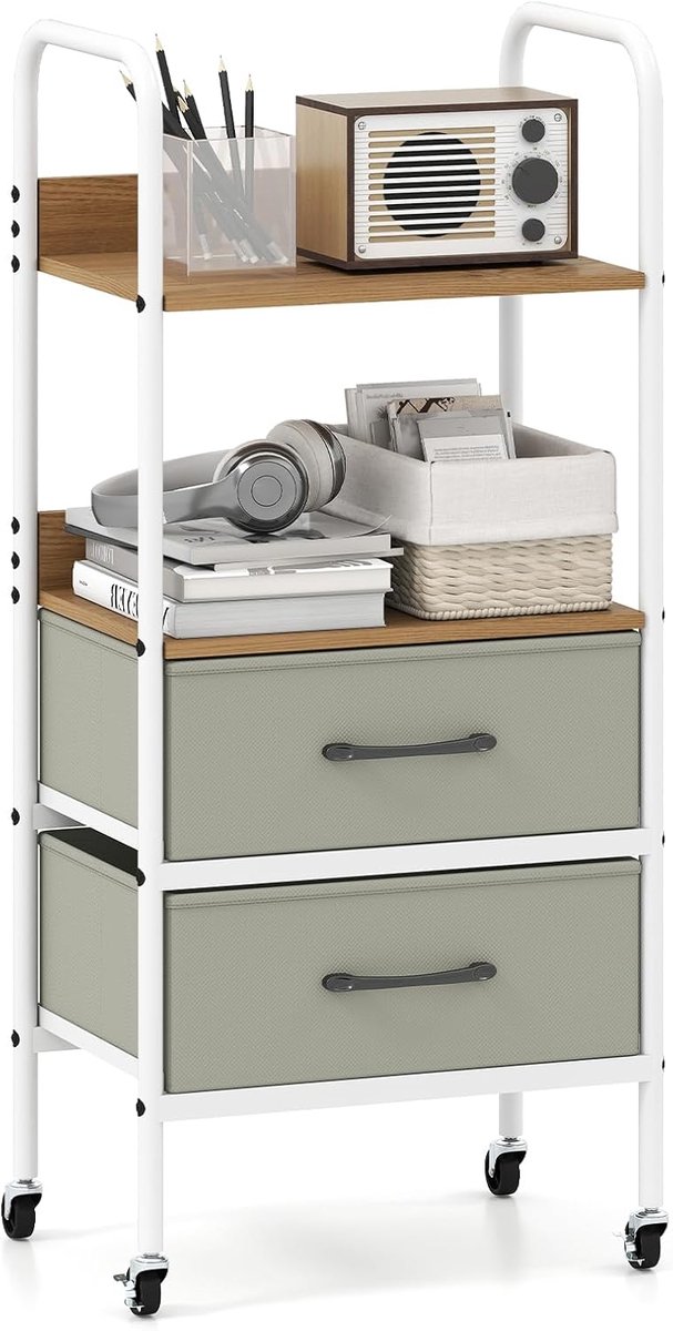 COSTWAY Rolwagen met 2 stoffen laden en planken, rolcontainer met 4 wielen en metalen frame, smalle ladenwagen, serveerwagen voor thuis en kantoor, 30 x 43,5 x 96 cm