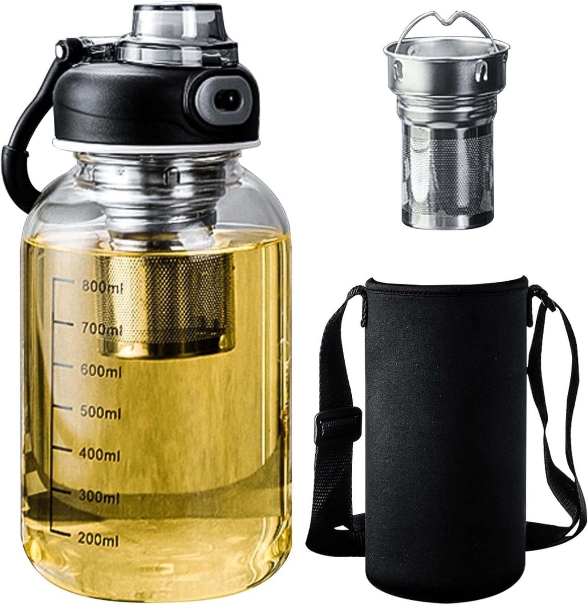 Grote Glazen Theefles met Roestvrijstalen Filter - Transparant - 25,5 x 8,2 cm - Hittebestendig Borosilicaatglas - Voor Thuis en Onderweg