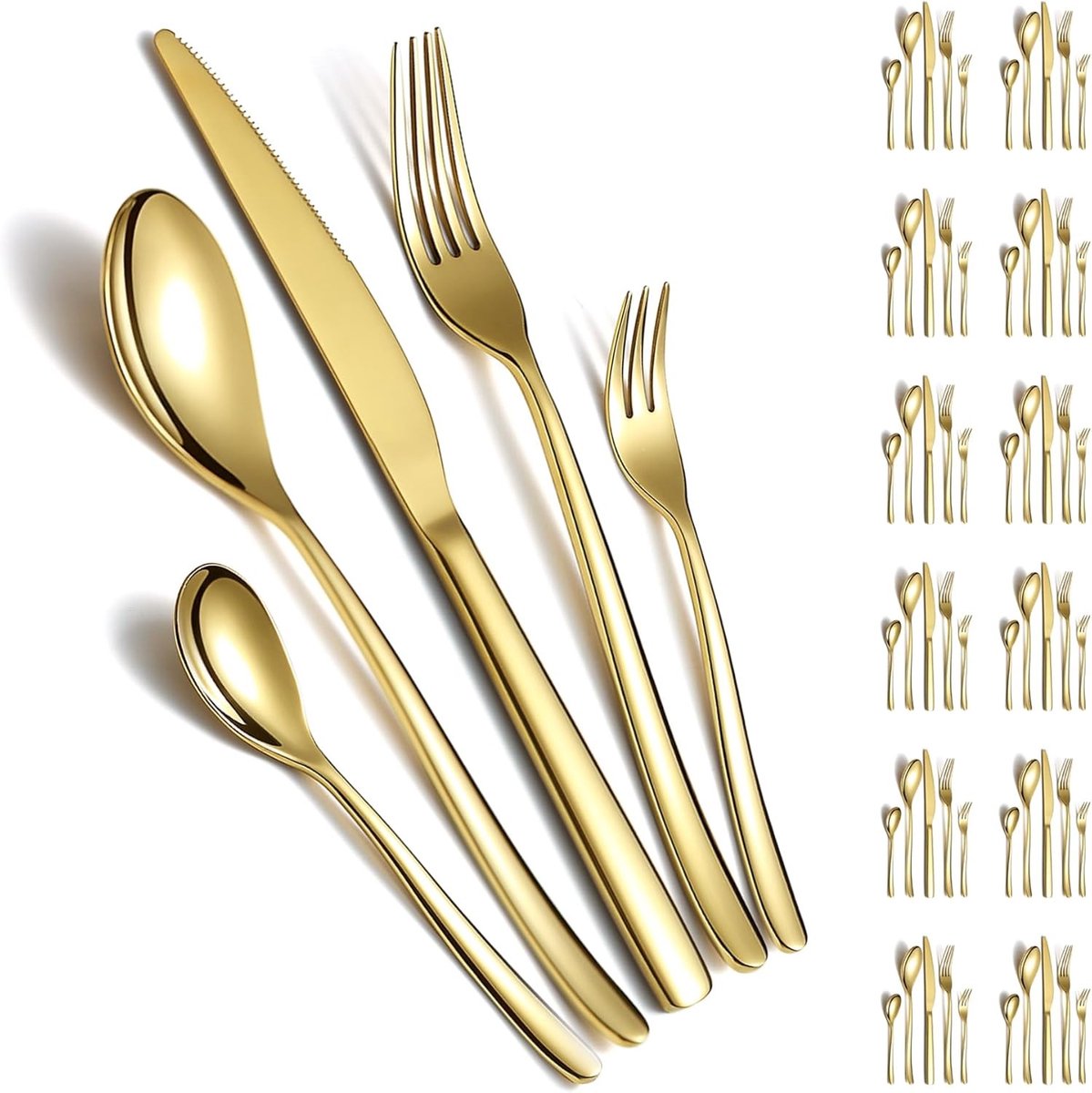 Complete Gouden Bestekset van 60 Stukken voor 12 Personen, Roestvrijstalen Bestek met Titanium Coating, Ideaal voor Thuis, Bruiloften en Restaurants
