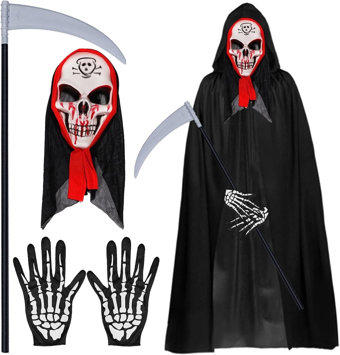 Vampier Kostuum met 140 cm Cape en Hoed, Halloween Gezichtsmasker, Skelet Handschoenen en Doodschaaf voor Spookachtige Feestdecoratie