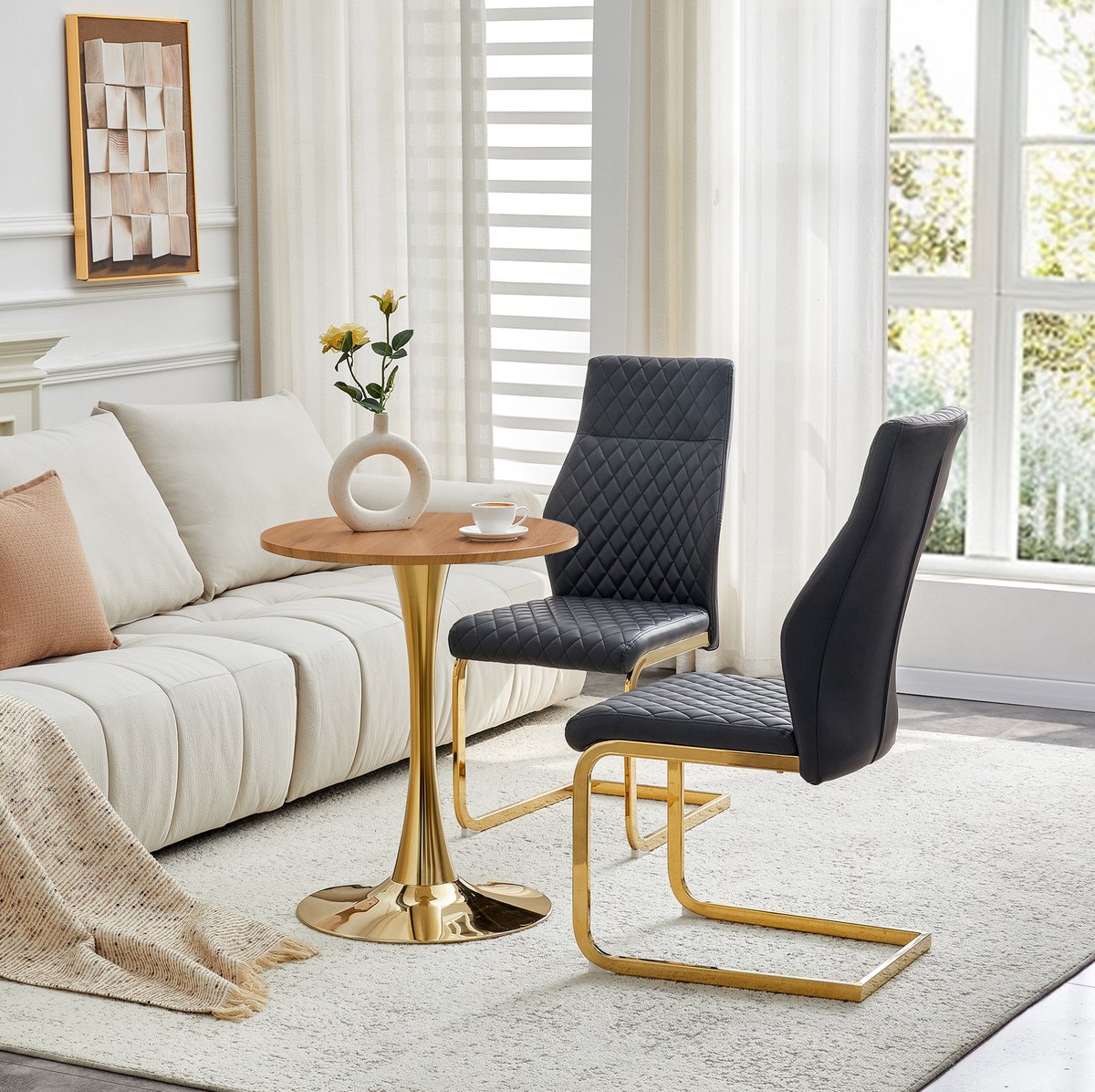 Wishdor Eettafelset met 2 stoelen - Ronde tafel Ø 60 cm - Modern design met gouden metaal en houtlook - Zwarte PU stoelen met ruitstiksel - Voor woonkamer en eetkamer