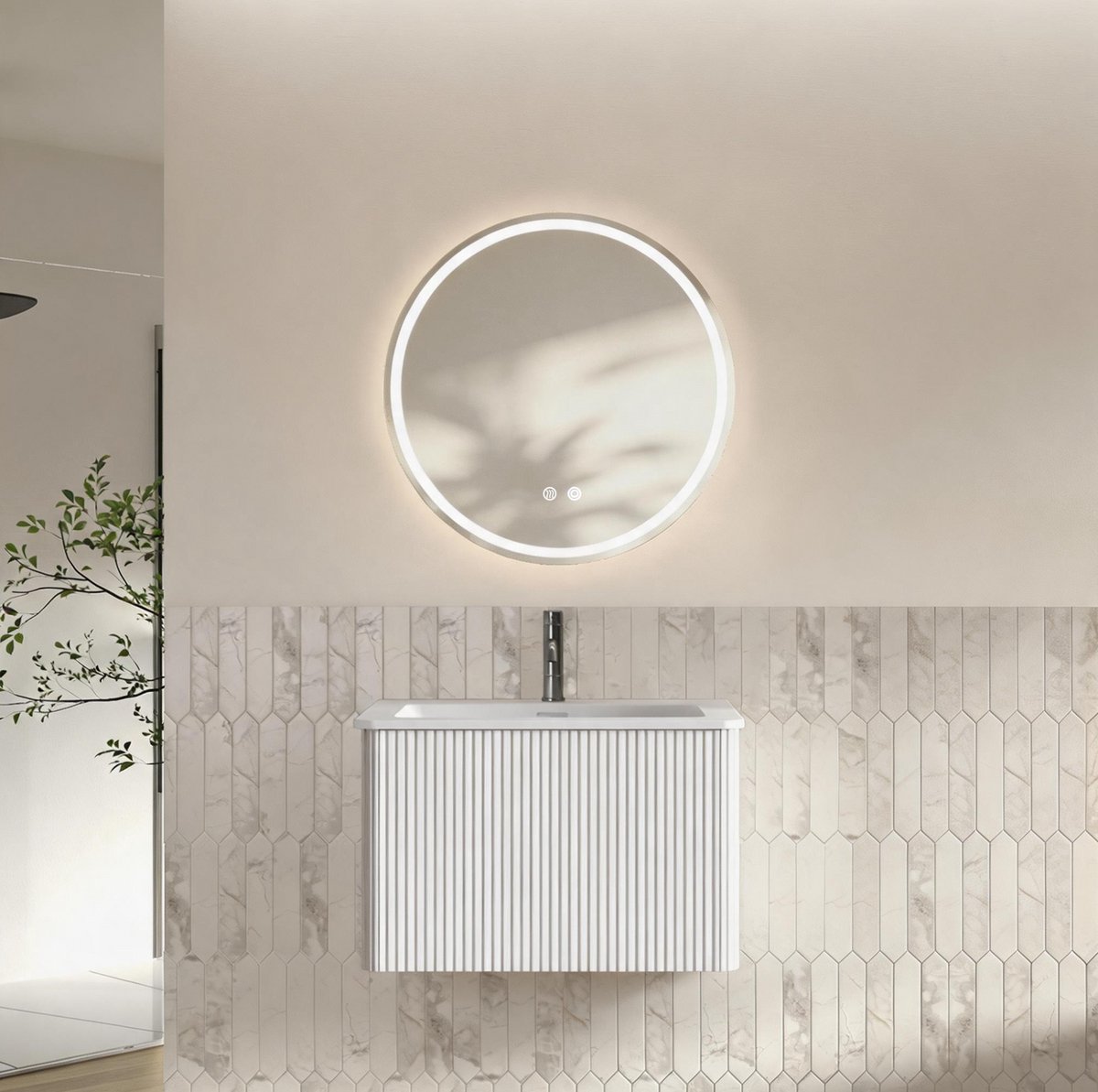 MIVRAY Badkamermeubelset - Wandhangend Met LED Spiegel En Wastafel - Modern Design Voor Badkamer - Wit - 60 Cm