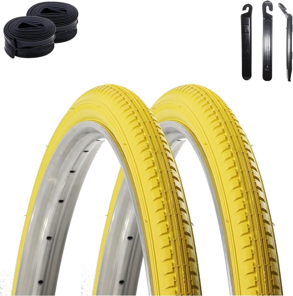 Fietsbanden Set - Banden Binnenbanden - Veilig Fietsen - Inclusief Bandenlichters - 28 Inch 40-635 - Geel