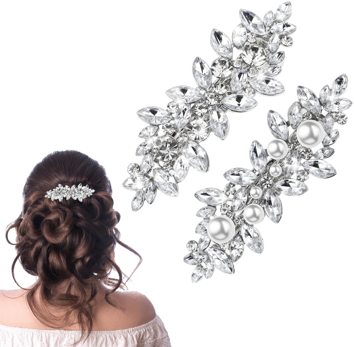 Mabor Strass haarclip, 2 stuks, zilver, elegante stijl, haaraccessoires voor vrouwen, bruiloft, feest, dagelijks - ShopVlot