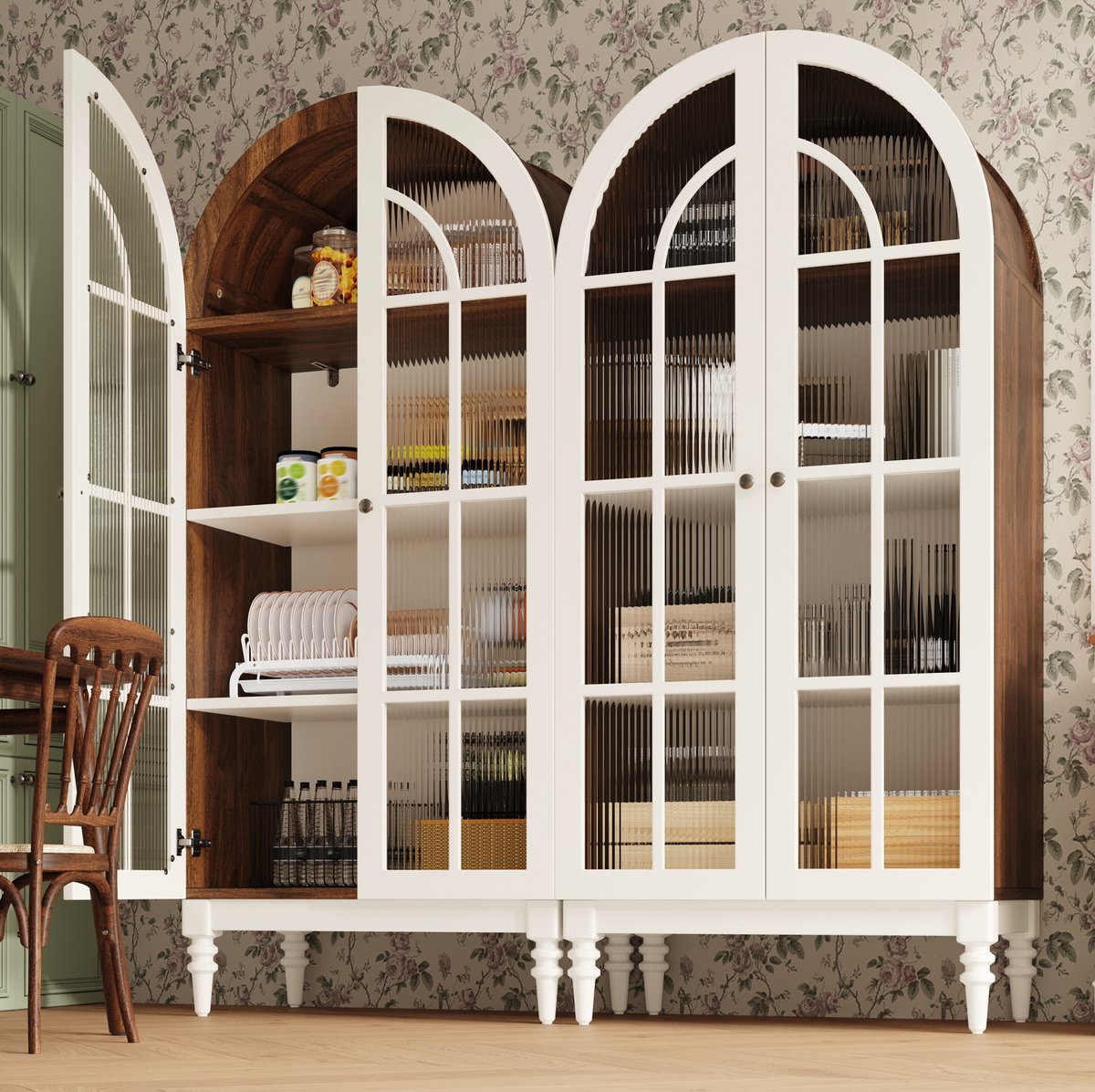 FloraGrace Vitrinekast – Bogenkast Met Dubbele Deuren En Drie Planken – Voor Woonkamer En Eetkamer – MDF En Metaal – Wit – 76x38,5x165 Cm