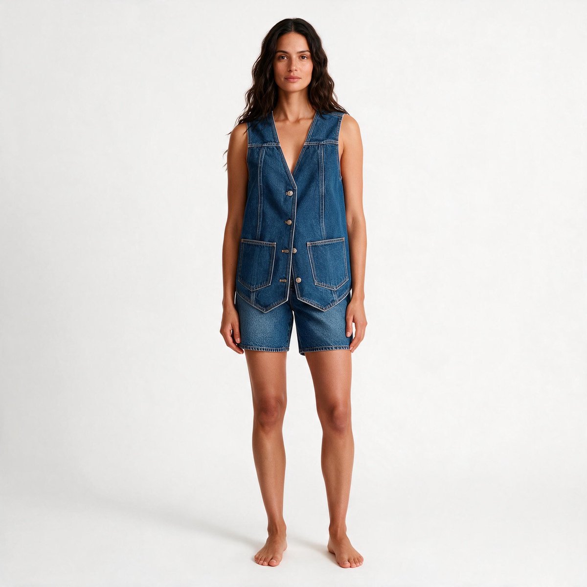 Imily Bela Dames Denim Playsuit met Giletstijl en Zakken